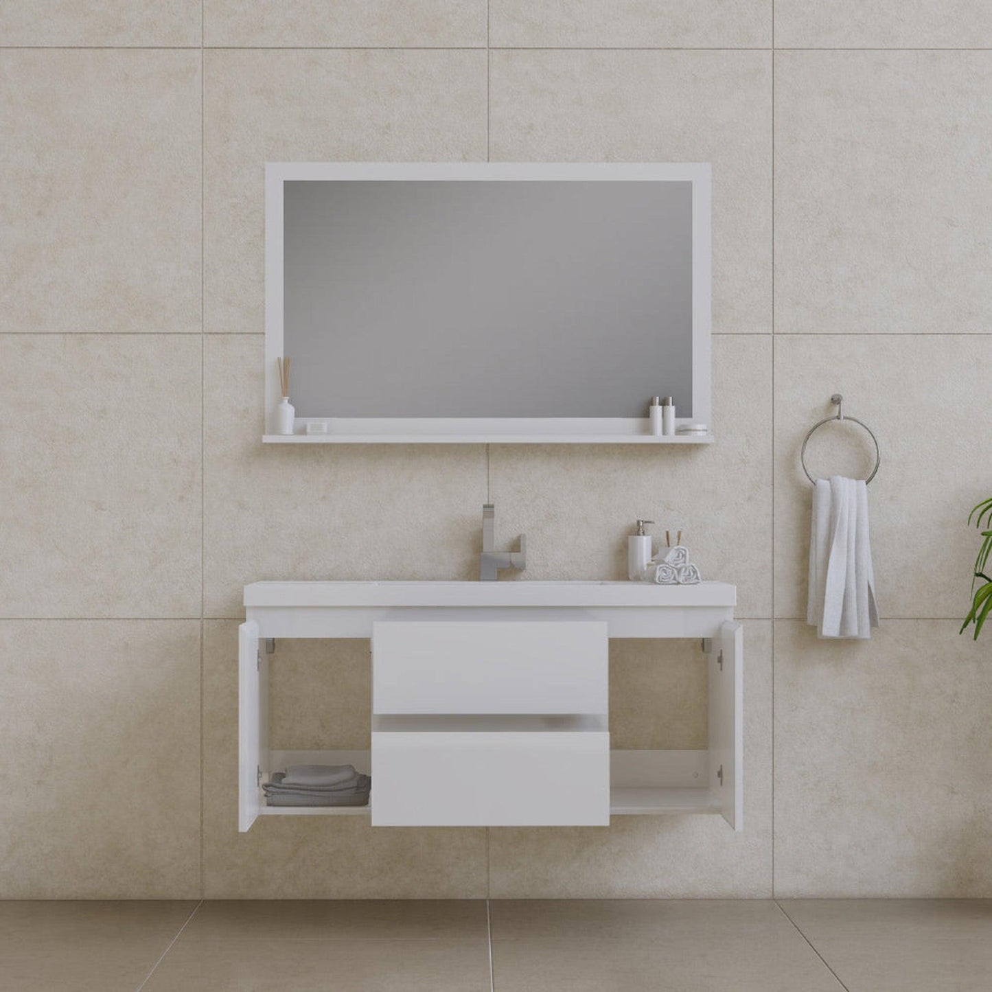 Alya Bath Paterno 48" Single White Modern Wall Mounted Bathroom Vanity With Acrylic Top and Integrated Sink