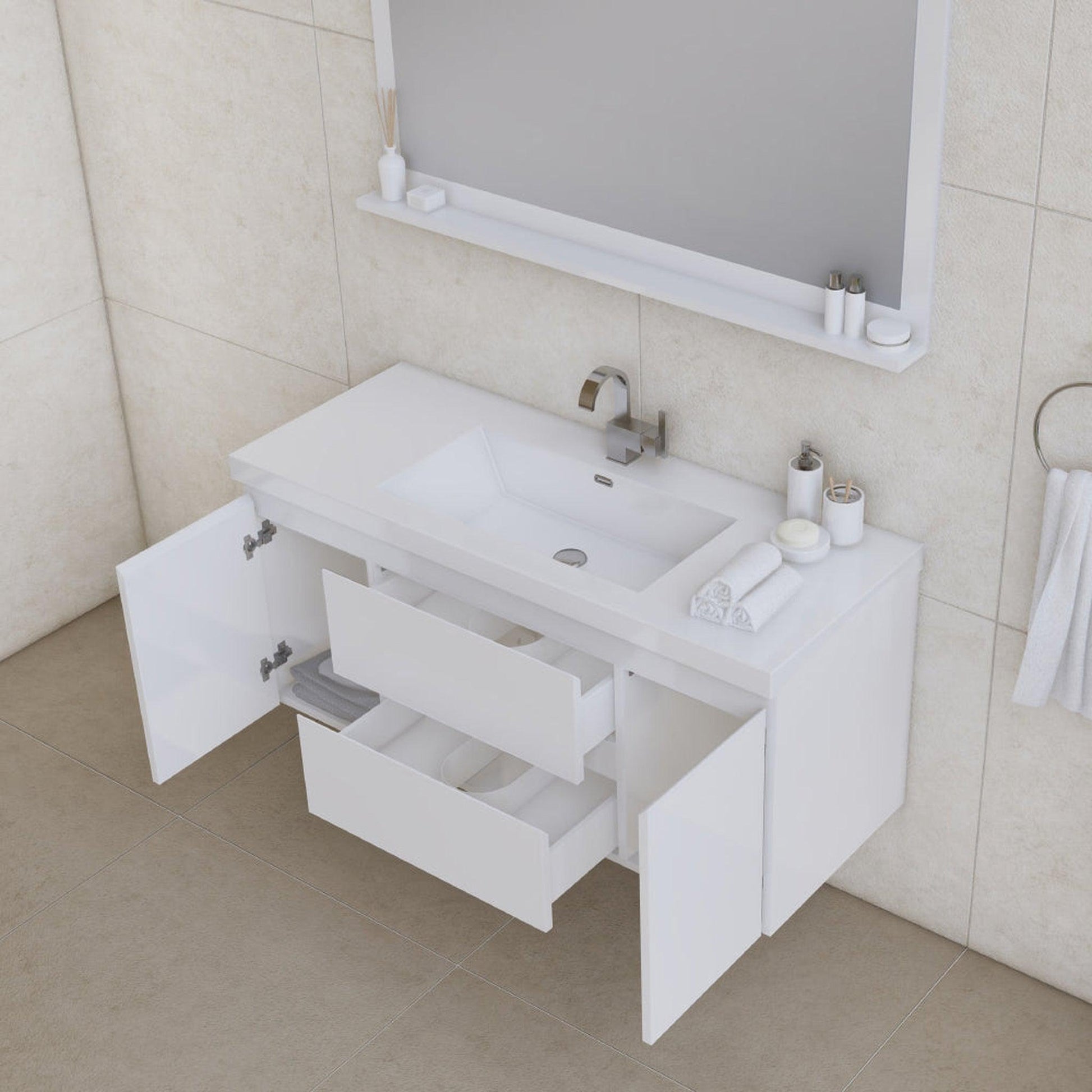 Alya Bath Paterno 48" Single White Modern Wall Mounted Bathroom Vanity With Acrylic Top and Integrated Sink