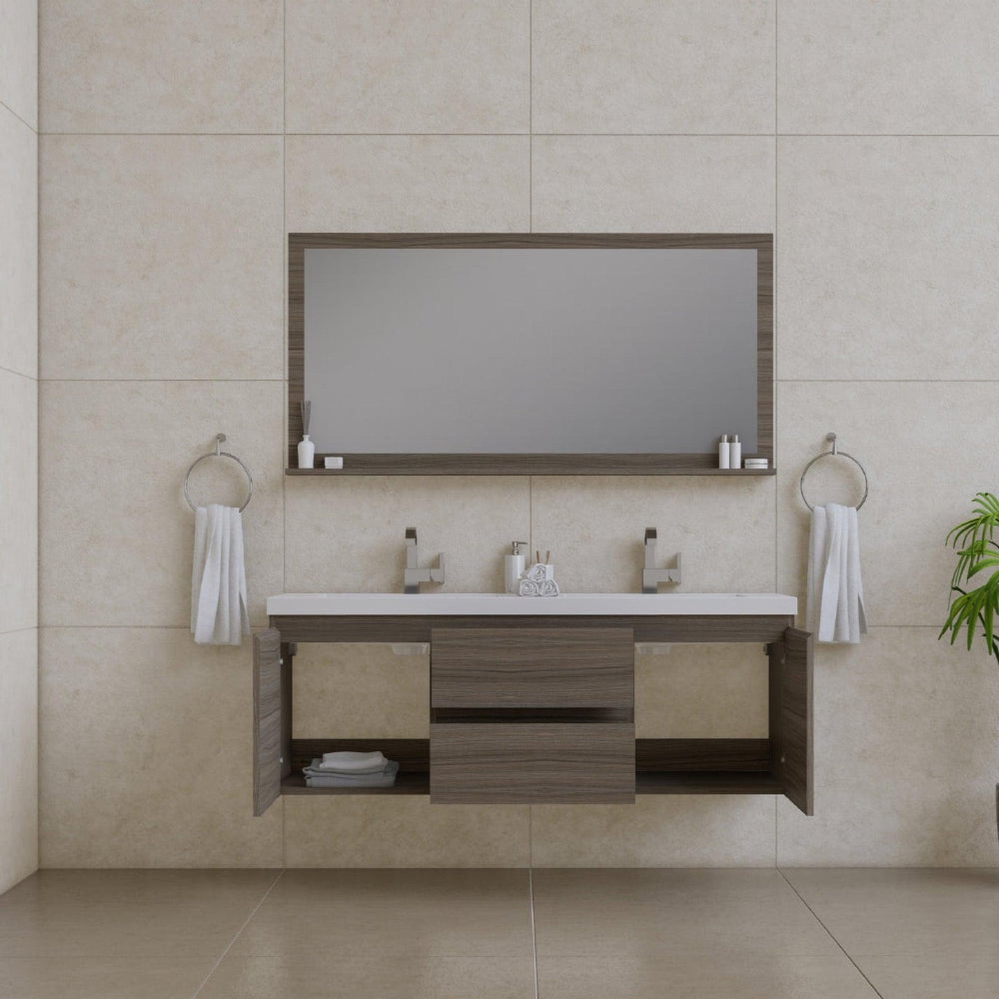 Alya Bath Paterno 60" Double Gray Modern Wall Mounted Bathroom Vanity With Acrylic Top and Integrated Sink