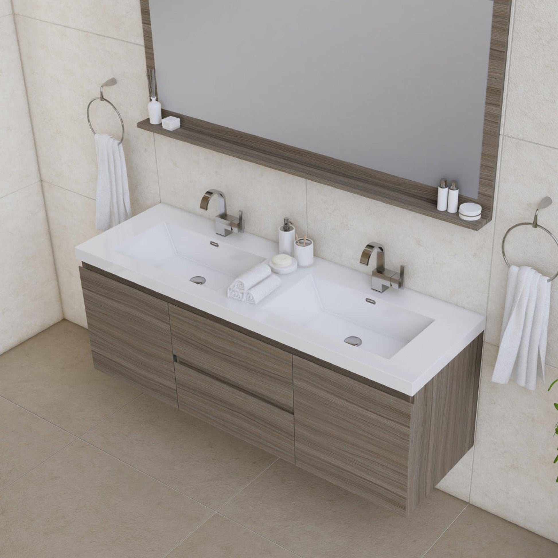 Alya Bath Paterno 60" Double Gray Modern Wall Mounted Bathroom Vanity With Acrylic Top and Integrated Sink