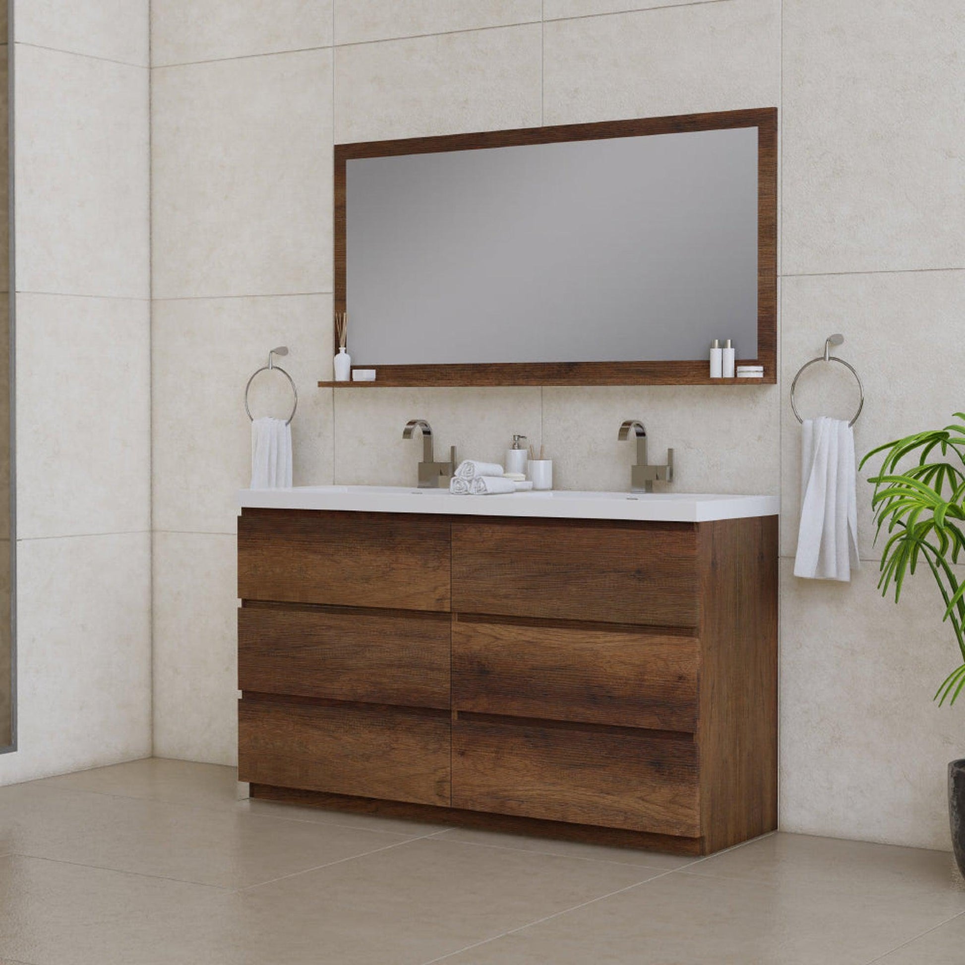 Alya Bath Paterno 60" Double Rosewood Modern Freestanding Bathroom Vanity With Acrylic Top and Integrated Sink