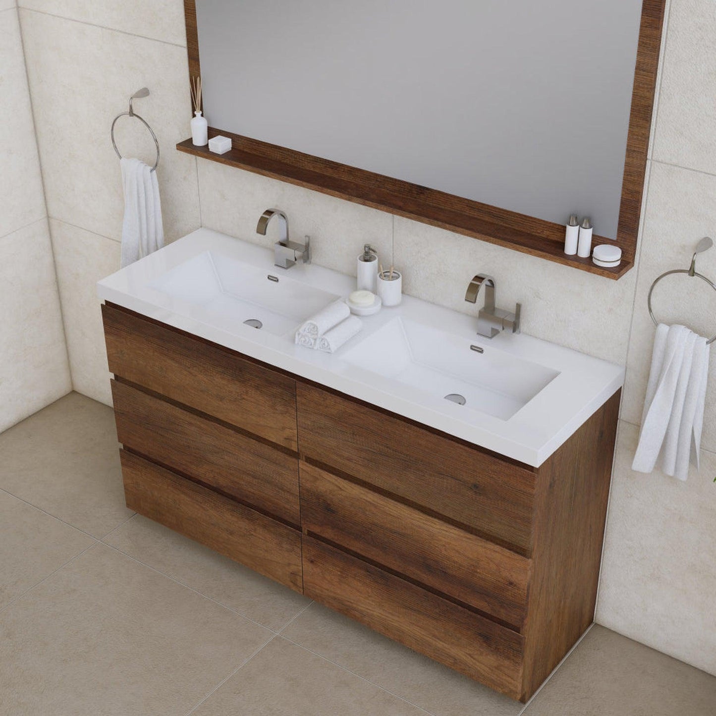 Alya Bath Paterno 60" Double Rosewood Modern Freestanding Bathroom Vanity With Acrylic Top and Integrated Sink