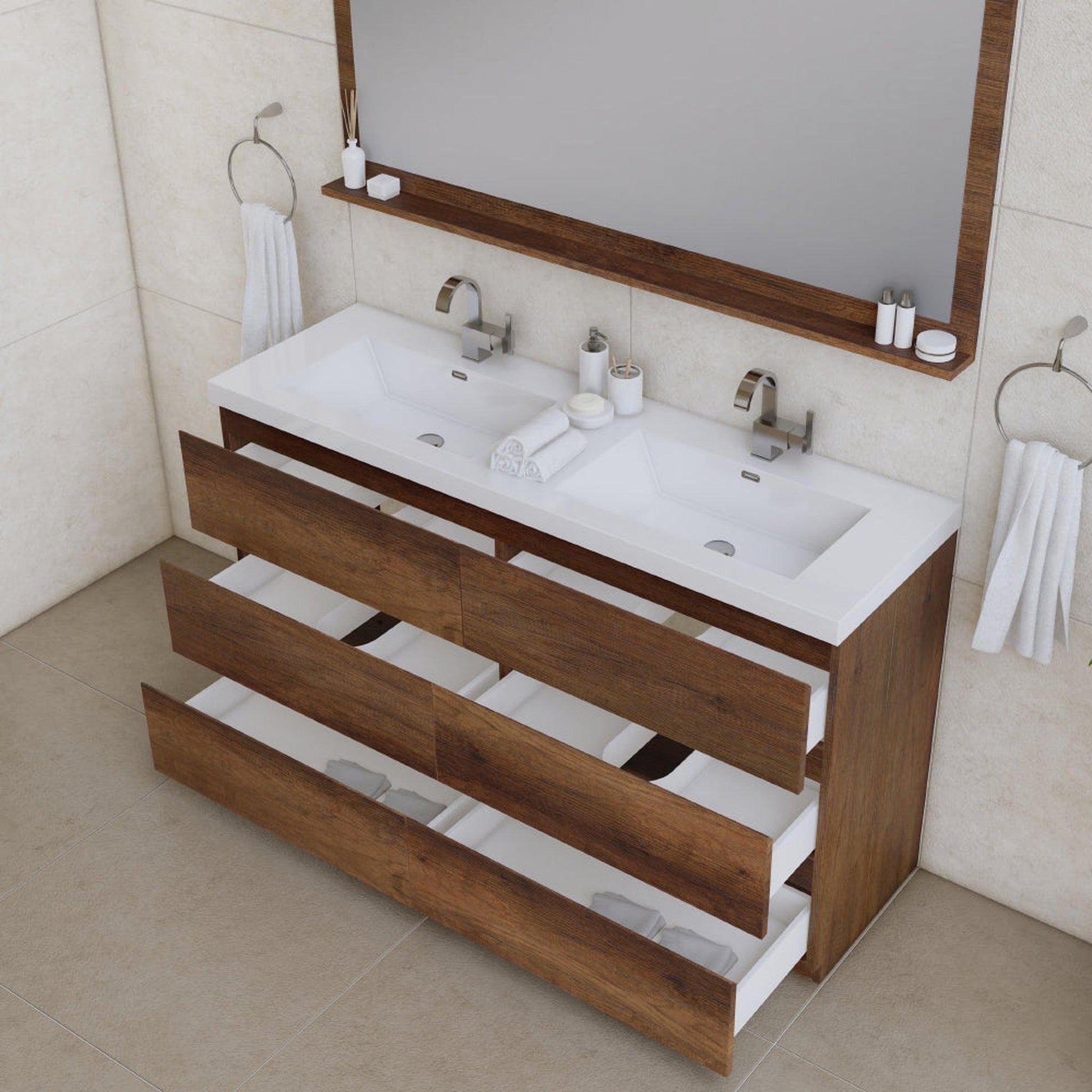 Alya Bath Paterno 60" Double Rosewood Modern Freestanding Bathroom Vanity With Acrylic Top and Integrated Sink