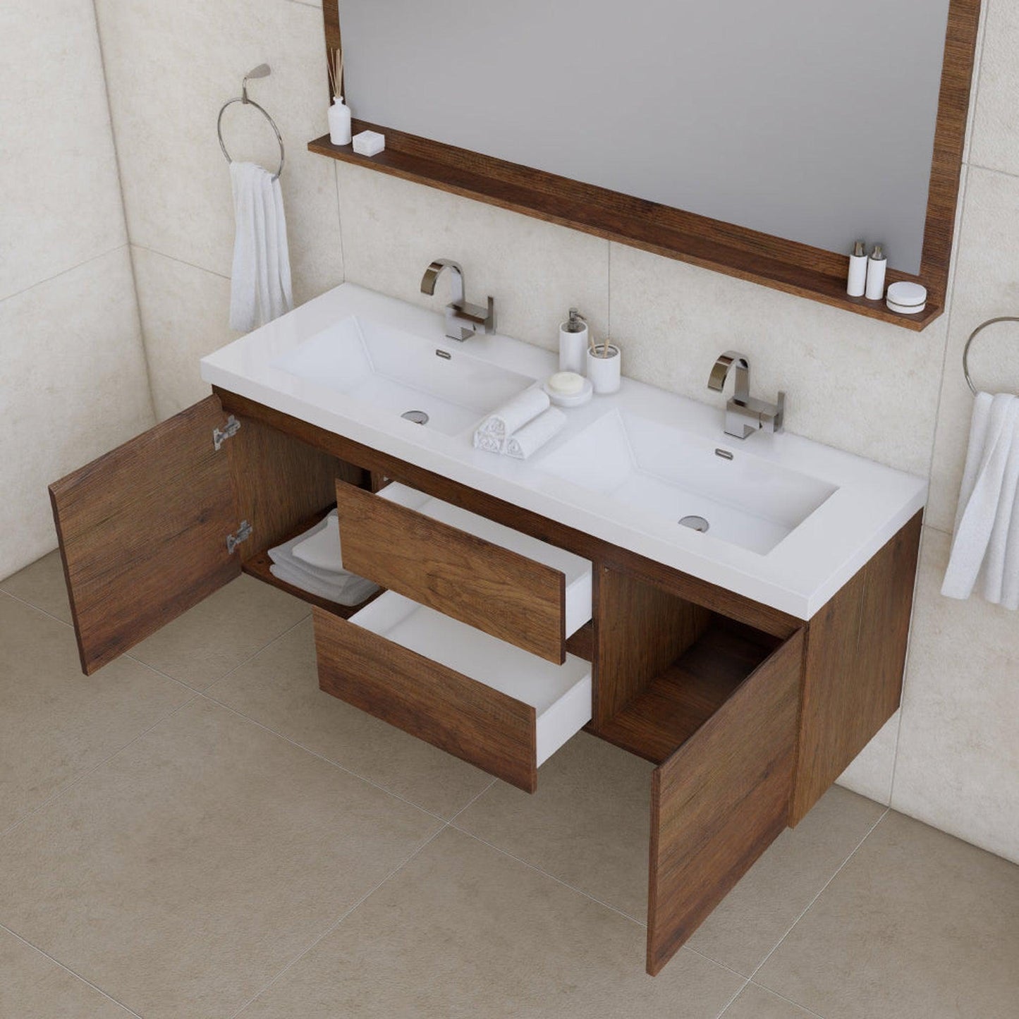 Alya Bath Paterno 60" Double Rosewood Modern Wall Mounted Bathroom Vanity With Acrylic Top and Integrated Sink