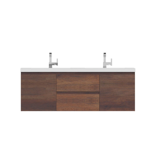 Alya Bath Paterno 60" Double Rosewood Modern Wall Mounted Bathroom Vanity With Acrylic Top and Integrated Sink