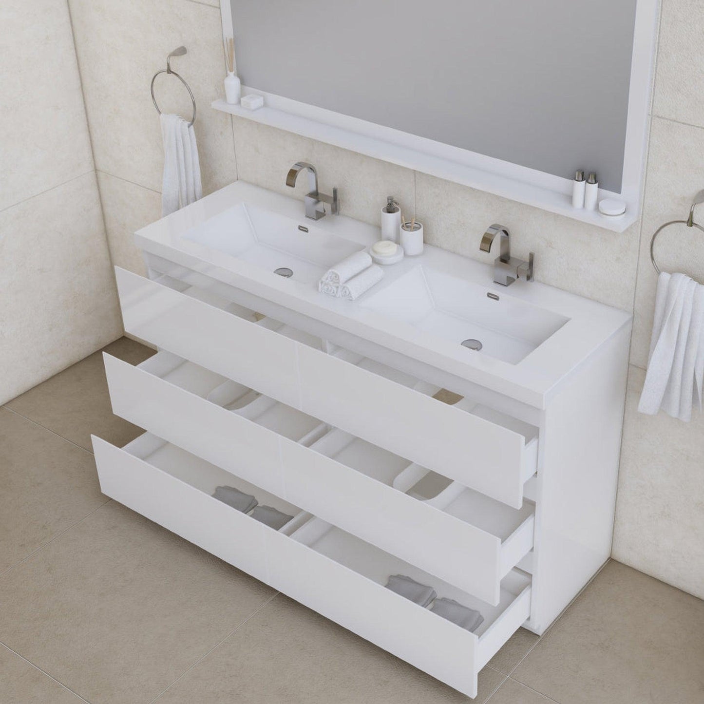 Alya Bath Paterno 60" Double White Modern Freestanding Bathroom Vanity With Acrylic Top and Integrated Sink