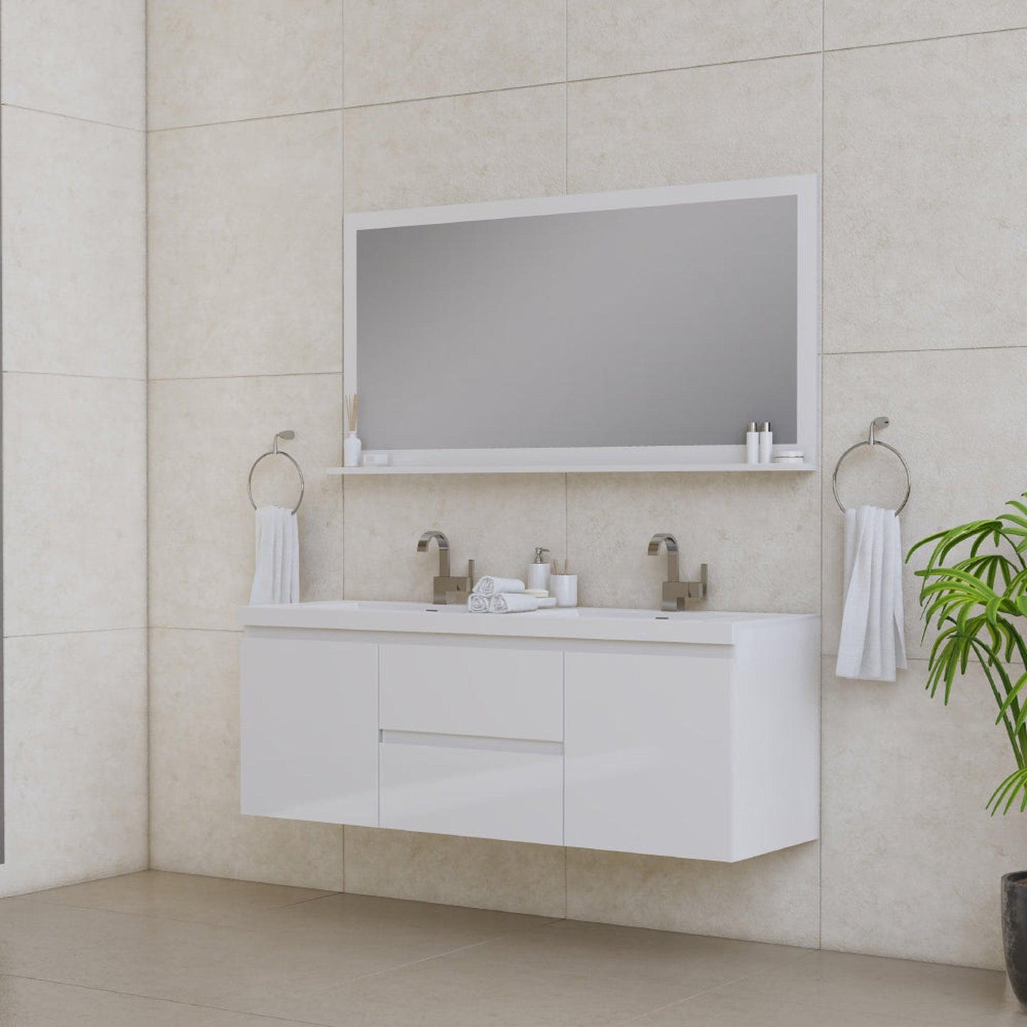 Alya Bath Paterno 60" Double White Modern Wall Mounted Bathroom Vanity With Acrylic Top and Integrated Sink