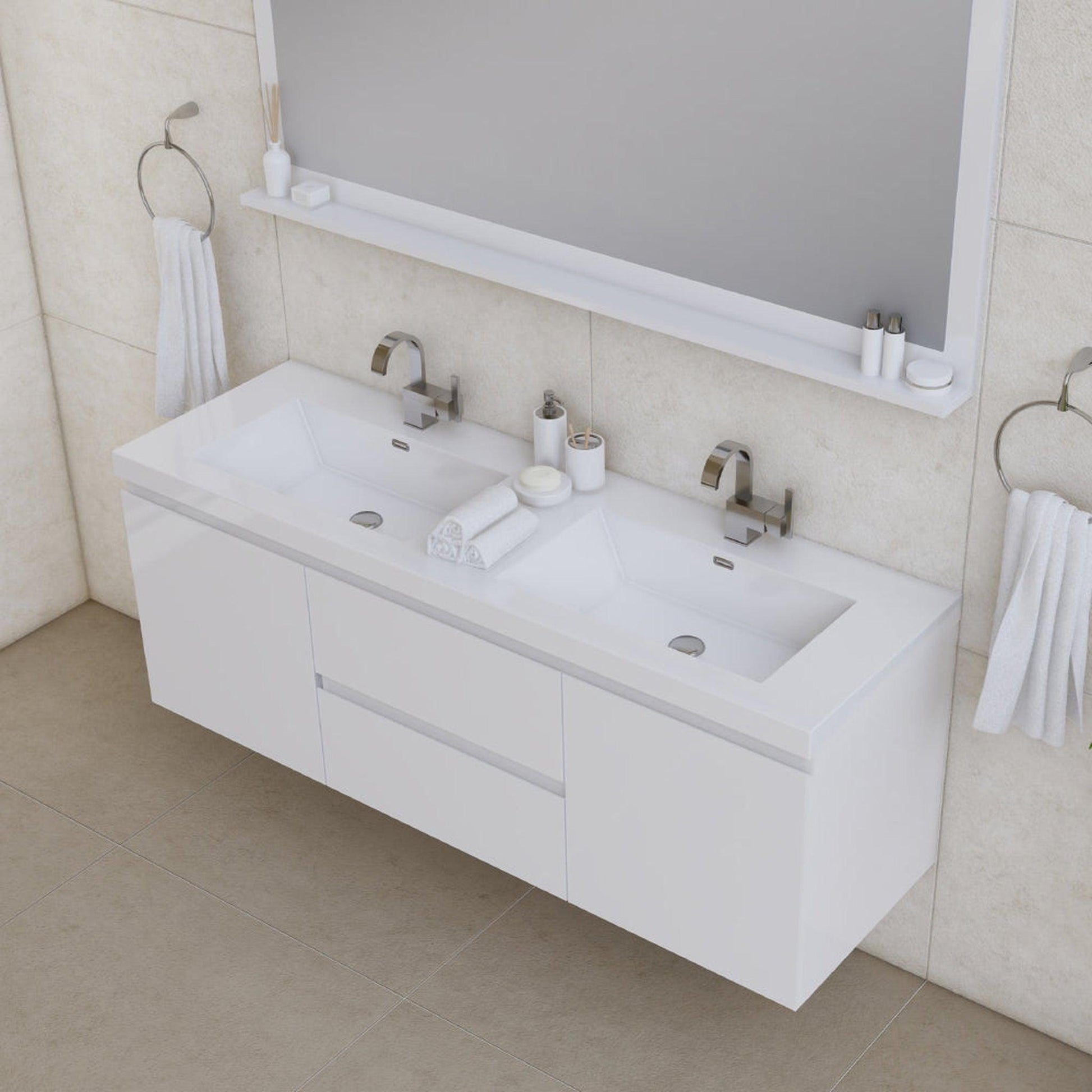 Alya Bath Paterno 60" Double White Modern Wall Mounted Bathroom Vanity With Acrylic Top and Integrated Sink