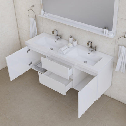 Alya Bath Paterno 60" Double White Modern Wall Mounted Bathroom Vanity With Acrylic Top and Integrated Sink