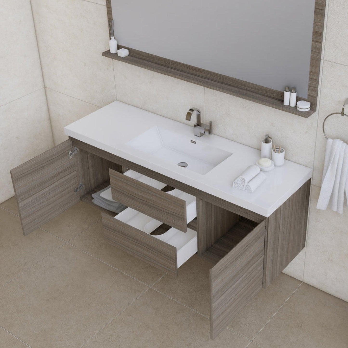 Alya Bath Paterno 60" Single Gray Modern Wall Mounted Bathroom Vanity With Acrylic Top and Integrated Sink