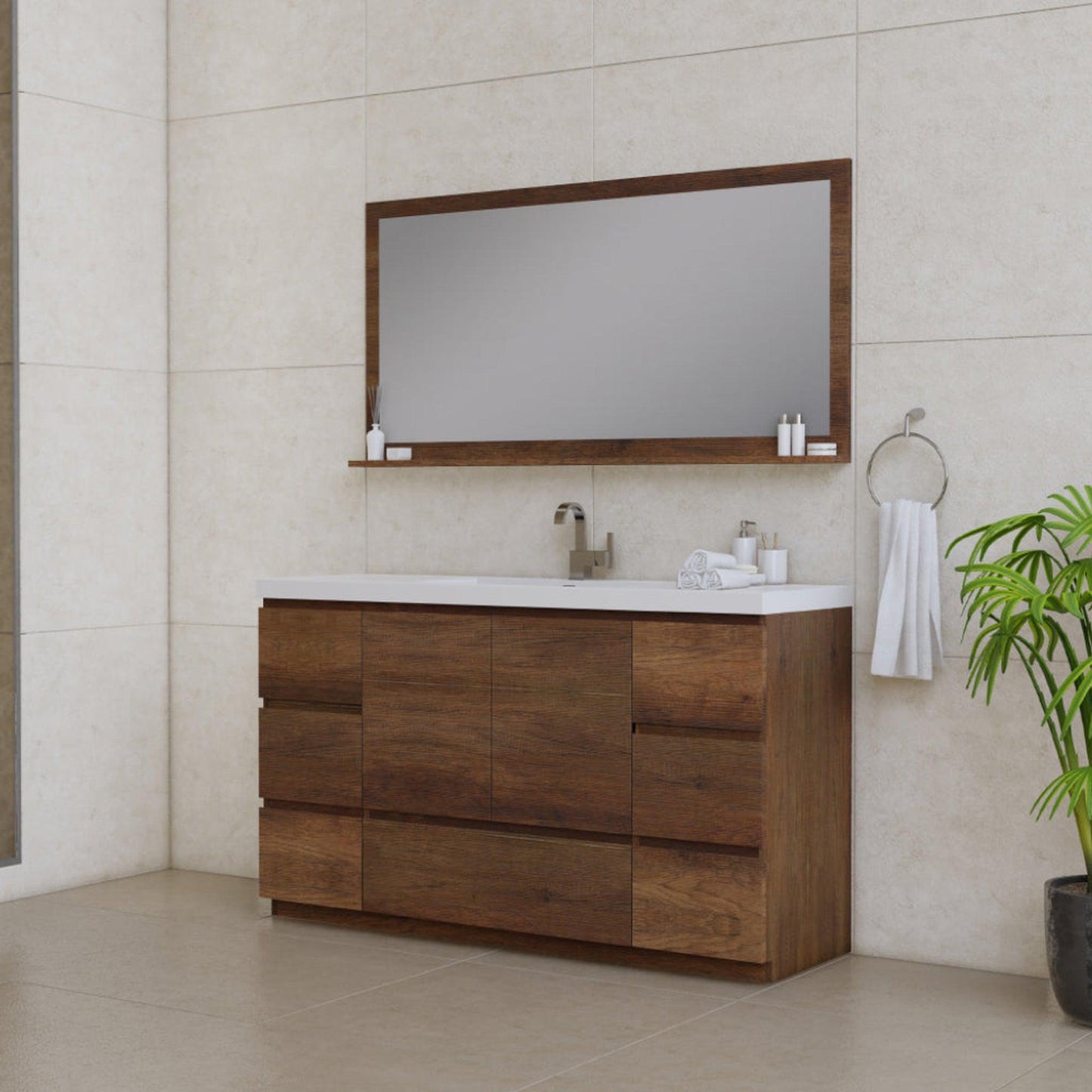 Alya Bath Paterno 60" Single Rosewood Modern Freestanding Bathroom Vanity With Acrylic Top and Integrated Sink