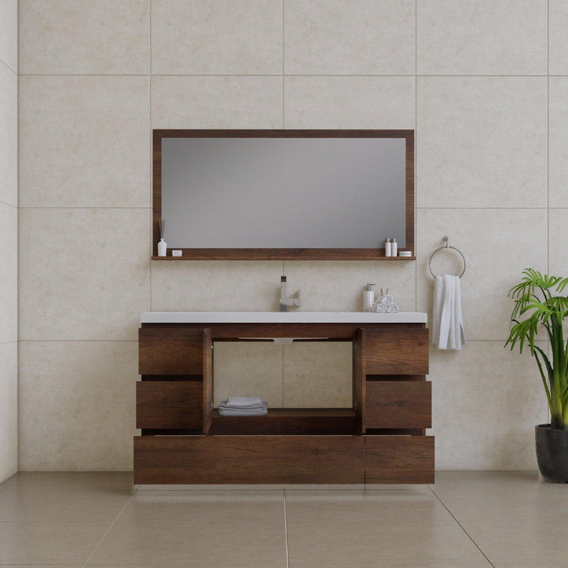 Alya Bath Paterno 60" Single Rosewood Modern Freestanding Bathroom Vanity With Acrylic Top and Integrated Sink