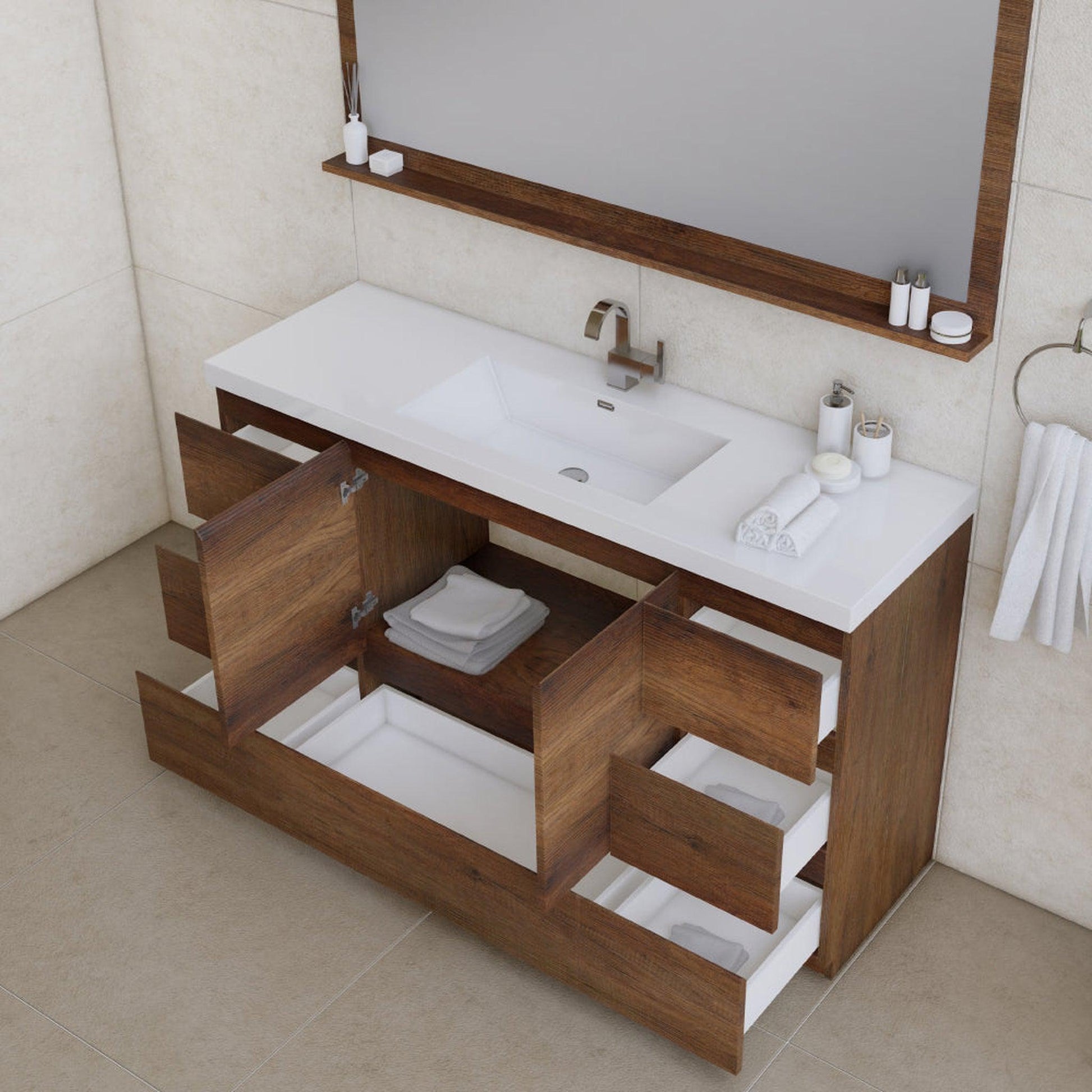 Alya Bath Paterno 60" Single Rosewood Modern Freestanding Bathroom Vanity With Acrylic Top and Integrated Sink