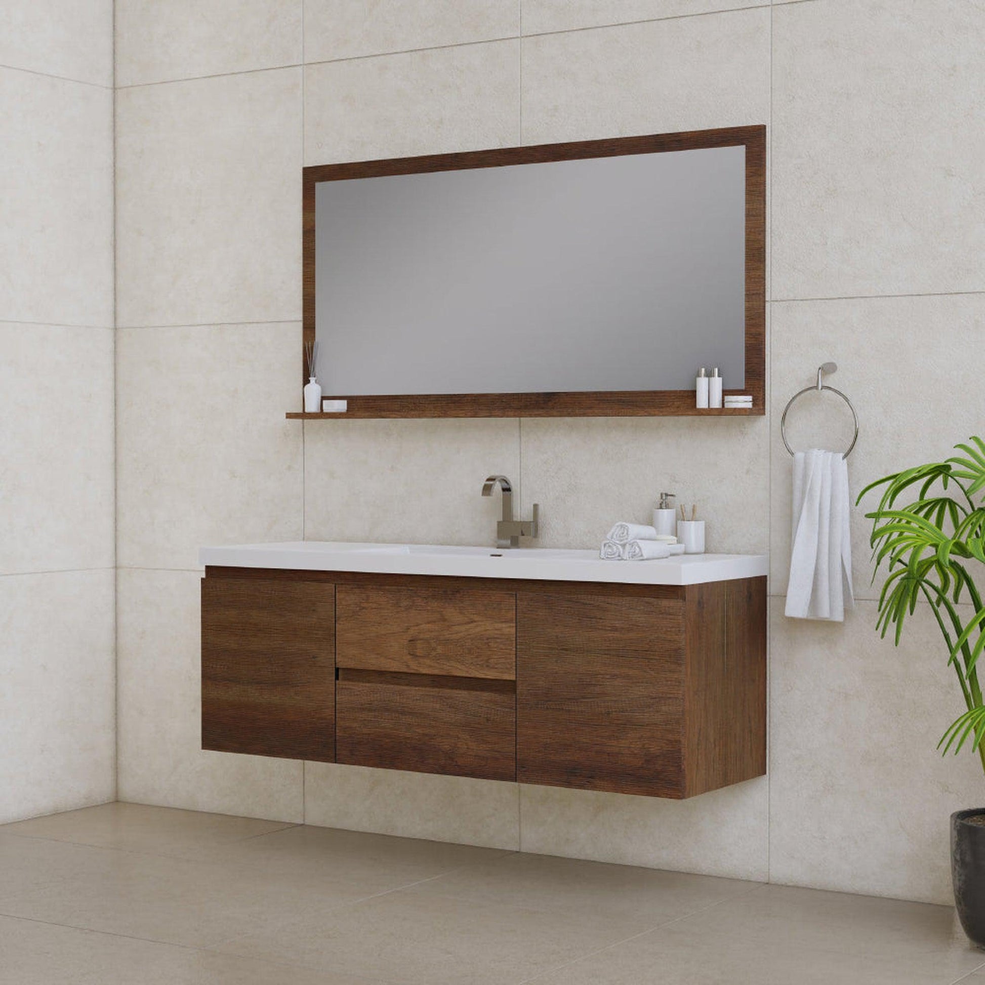 Alya Bath Paterno 60" Single Rosewood Modern Wall Mounted Bathroom Vanity With Acrylic Top and Integrated Sink