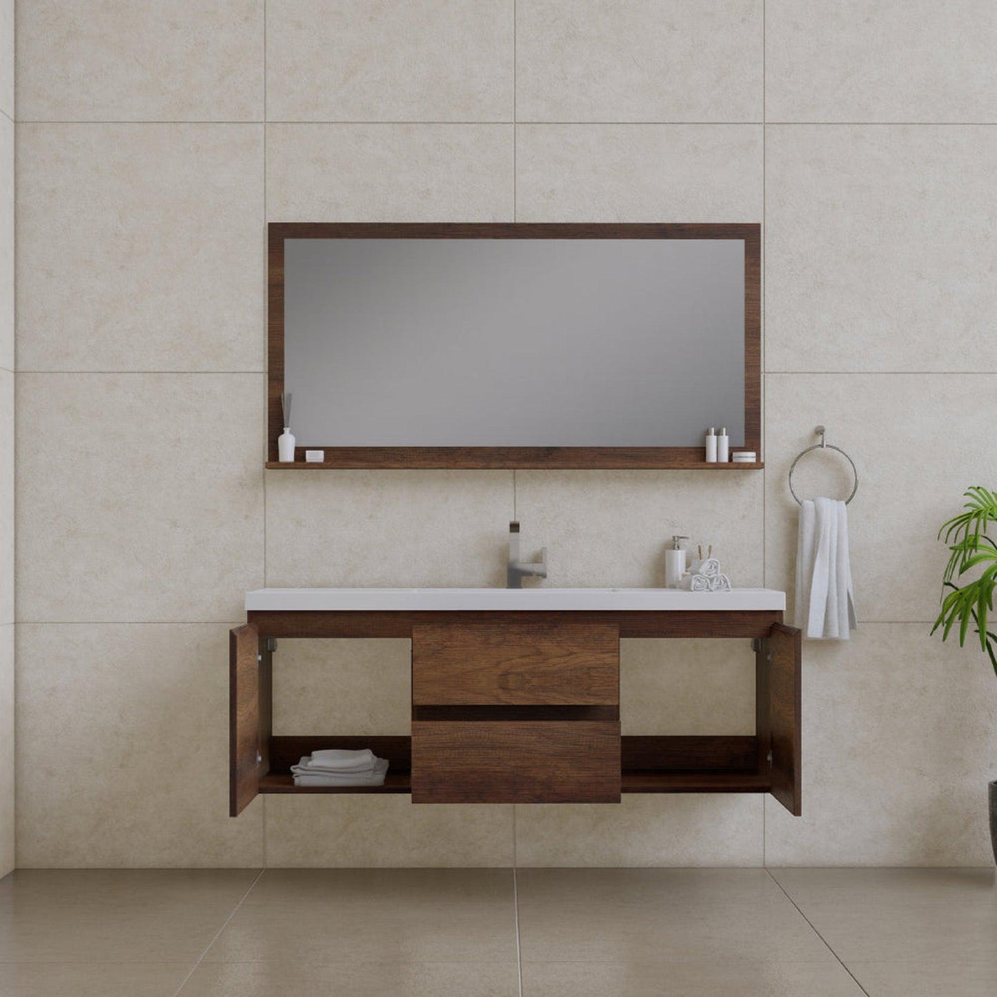 Alya Bath Paterno 60" Single Rosewood Modern Wall Mounted Bathroom Vanity With Acrylic Top and Integrated Sink