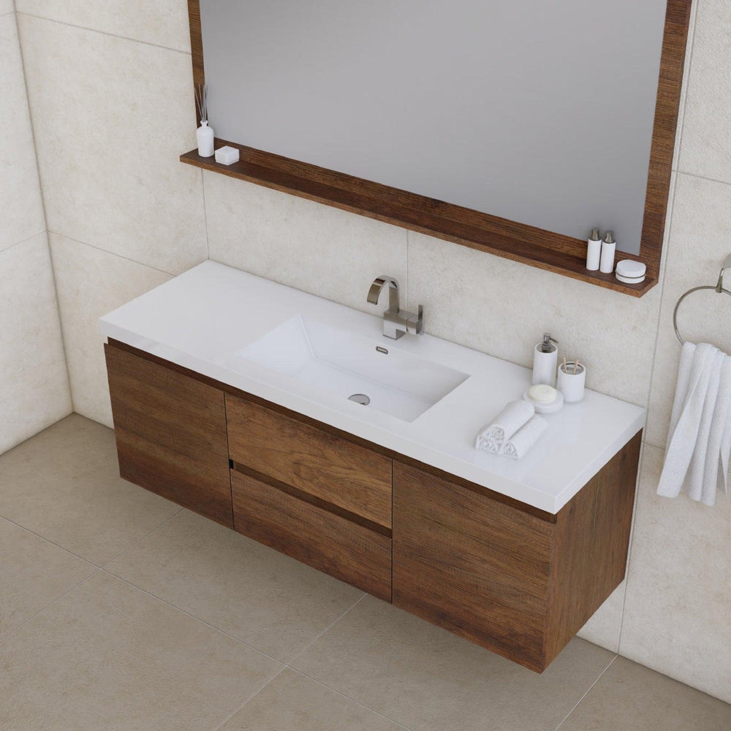 Alya Bath Paterno 60" Single Rosewood Modern Wall Mounted Bathroom Vanity With Acrylic Top and Integrated Sink