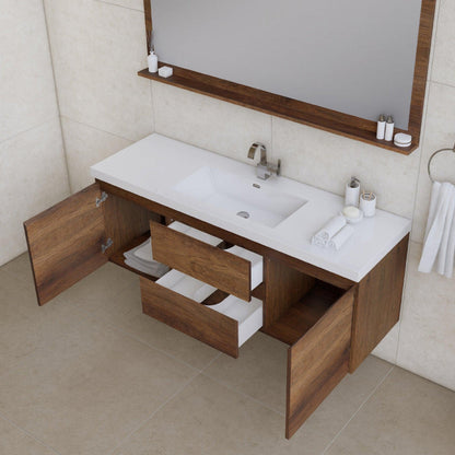 Alya Bath Paterno 60" Single Rosewood Modern Wall Mounted Bathroom Vanity With Acrylic Top and Integrated Sink