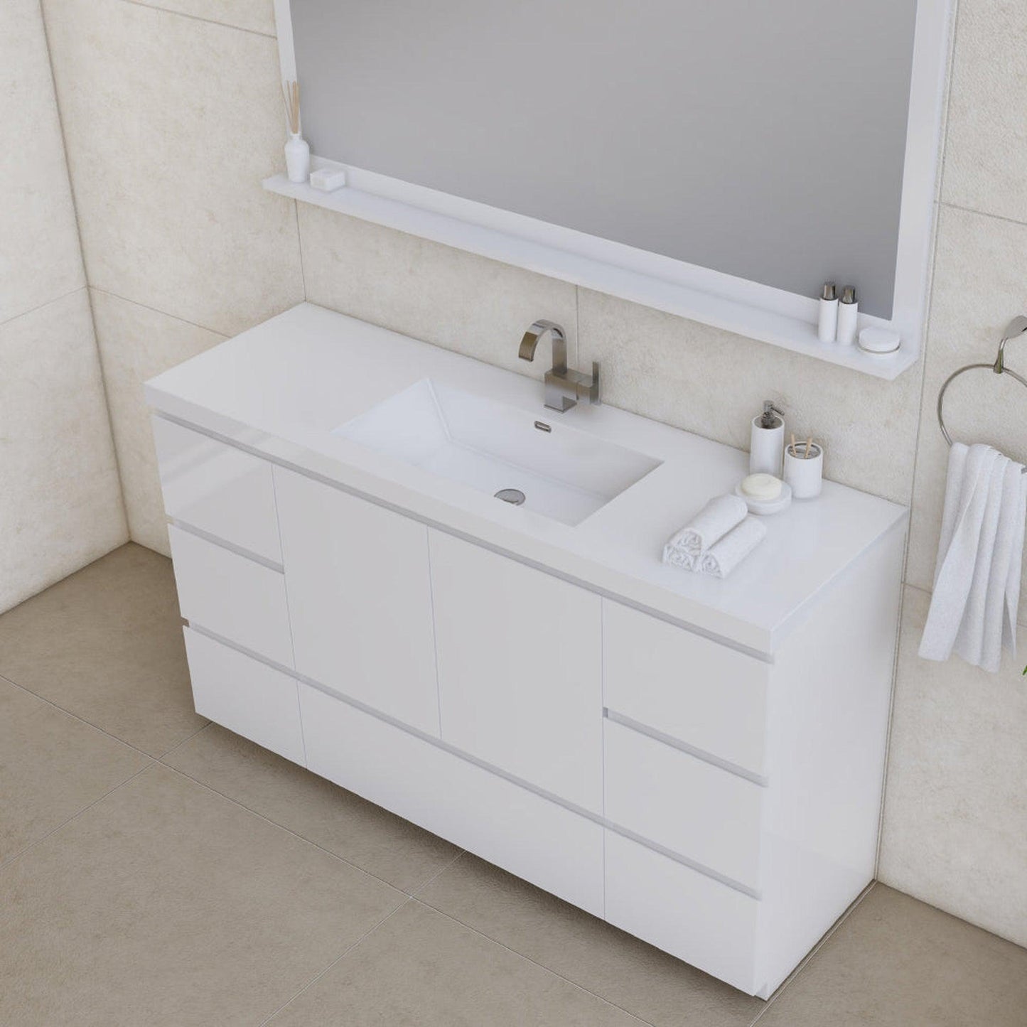 Alya Bath Paterno 60" Single White Modern Freestanding Bathroom Vanity With Acrylic Top and Integrated Sink