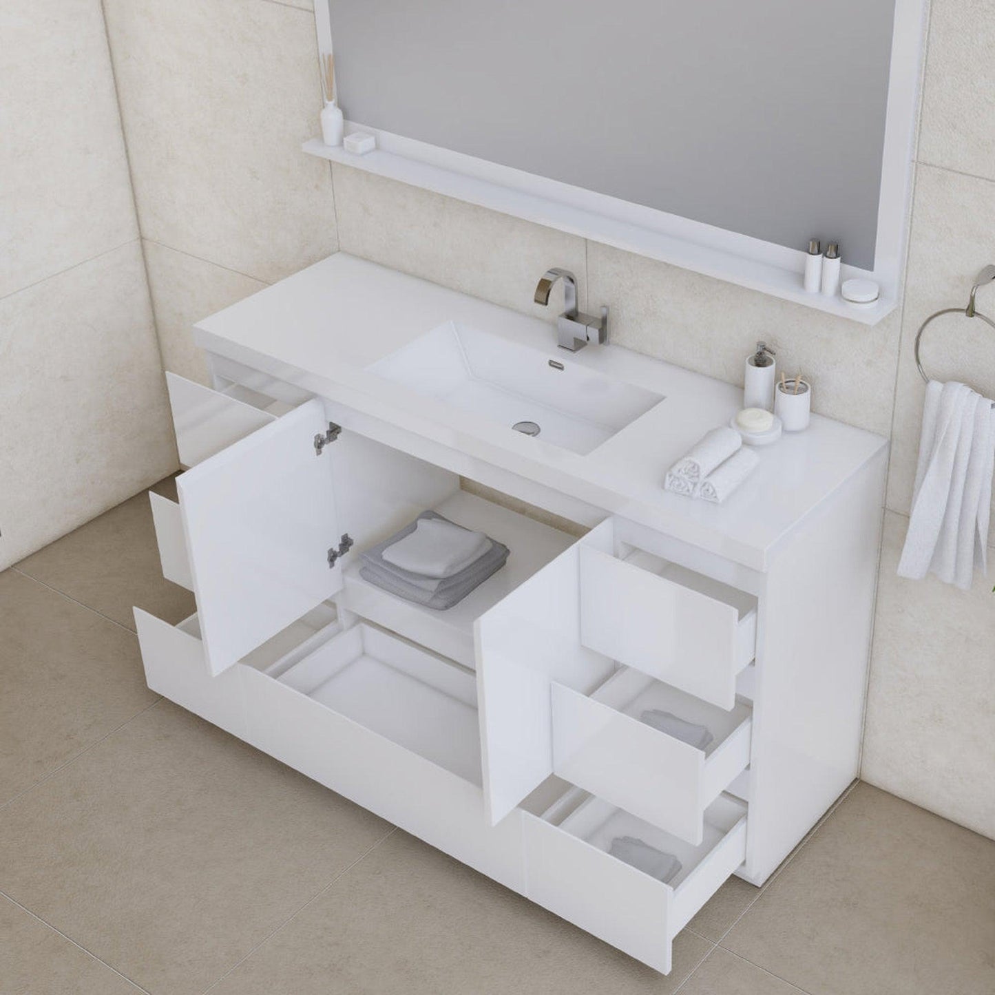 Alya Bath Paterno 60" Single White Modern Freestanding Bathroom Vanity With Acrylic Top and Integrated Sink