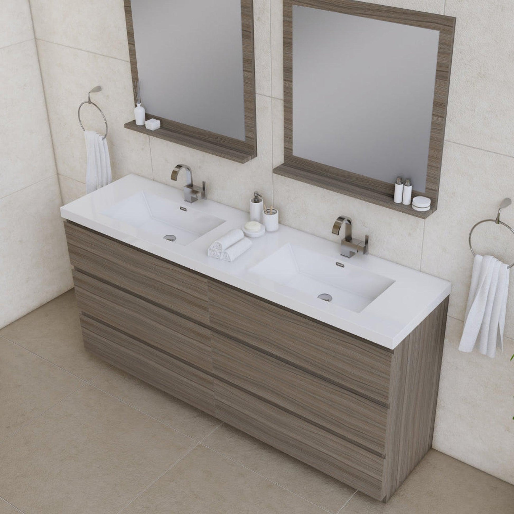 Alya Bath Paterno 72" Double Gray Modern Freestanding Bathroom Vanity With Acrylic Top and Integrated Sink