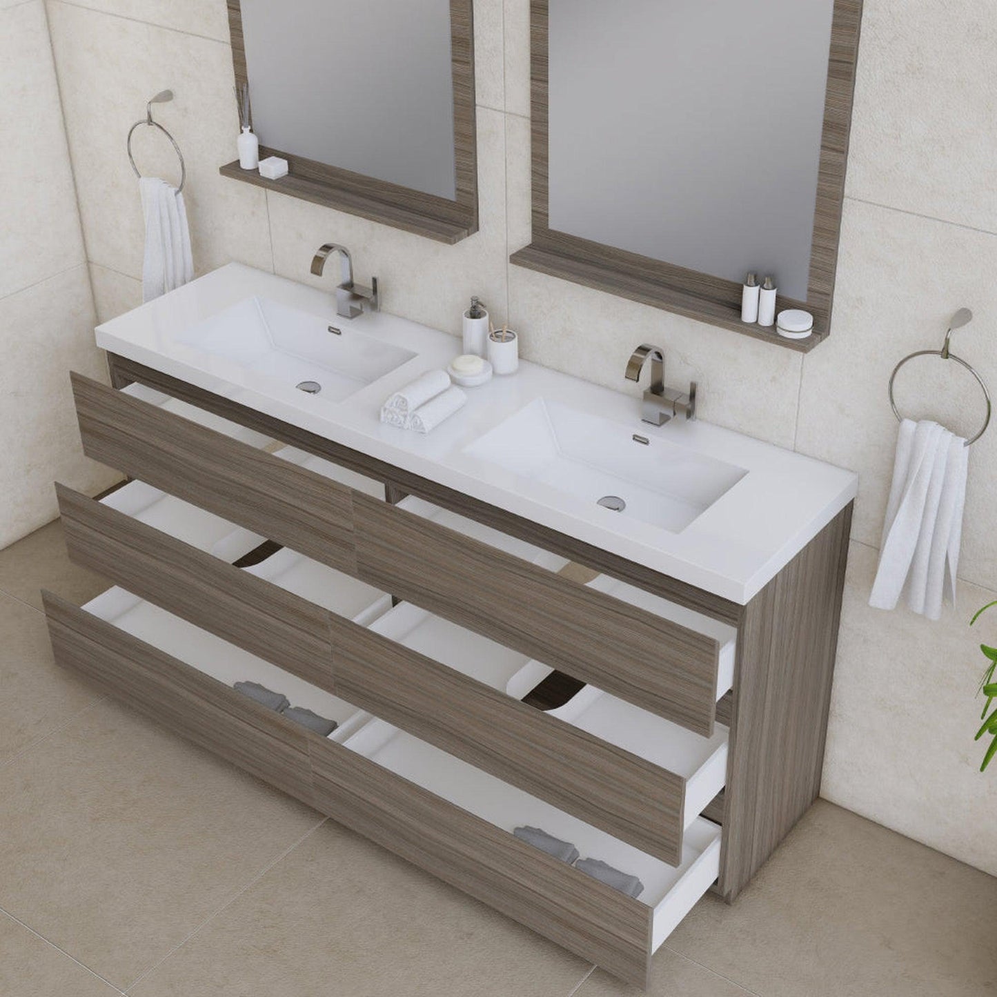 Alya Bath Paterno 72" Double Gray Modern Freestanding Bathroom Vanity With Acrylic Top and Integrated Sink