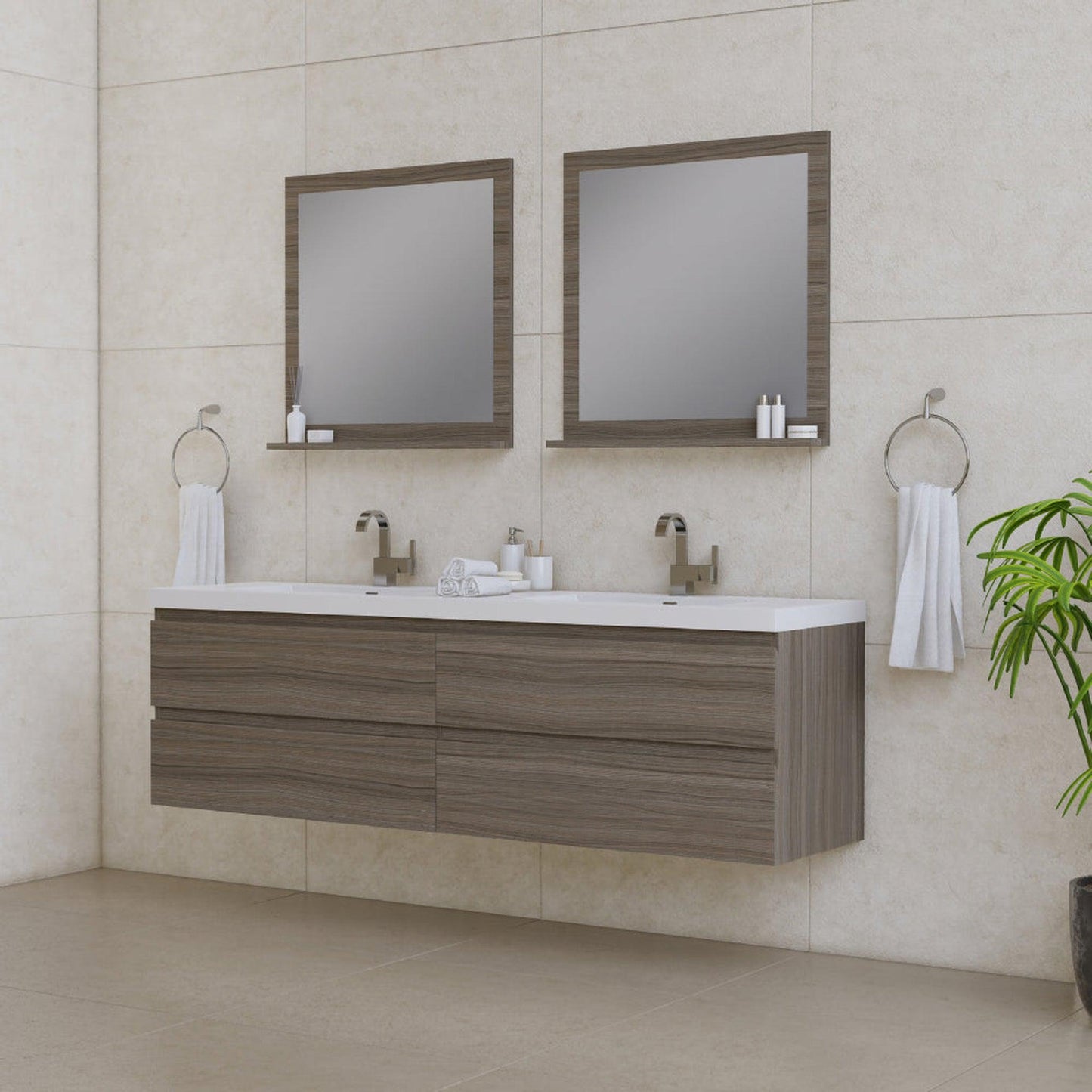 Alya Bath Paterno 72" Double Gray Modern Wall Mounted Bathroom Vanity With Acrylic Top and Integrated Sink