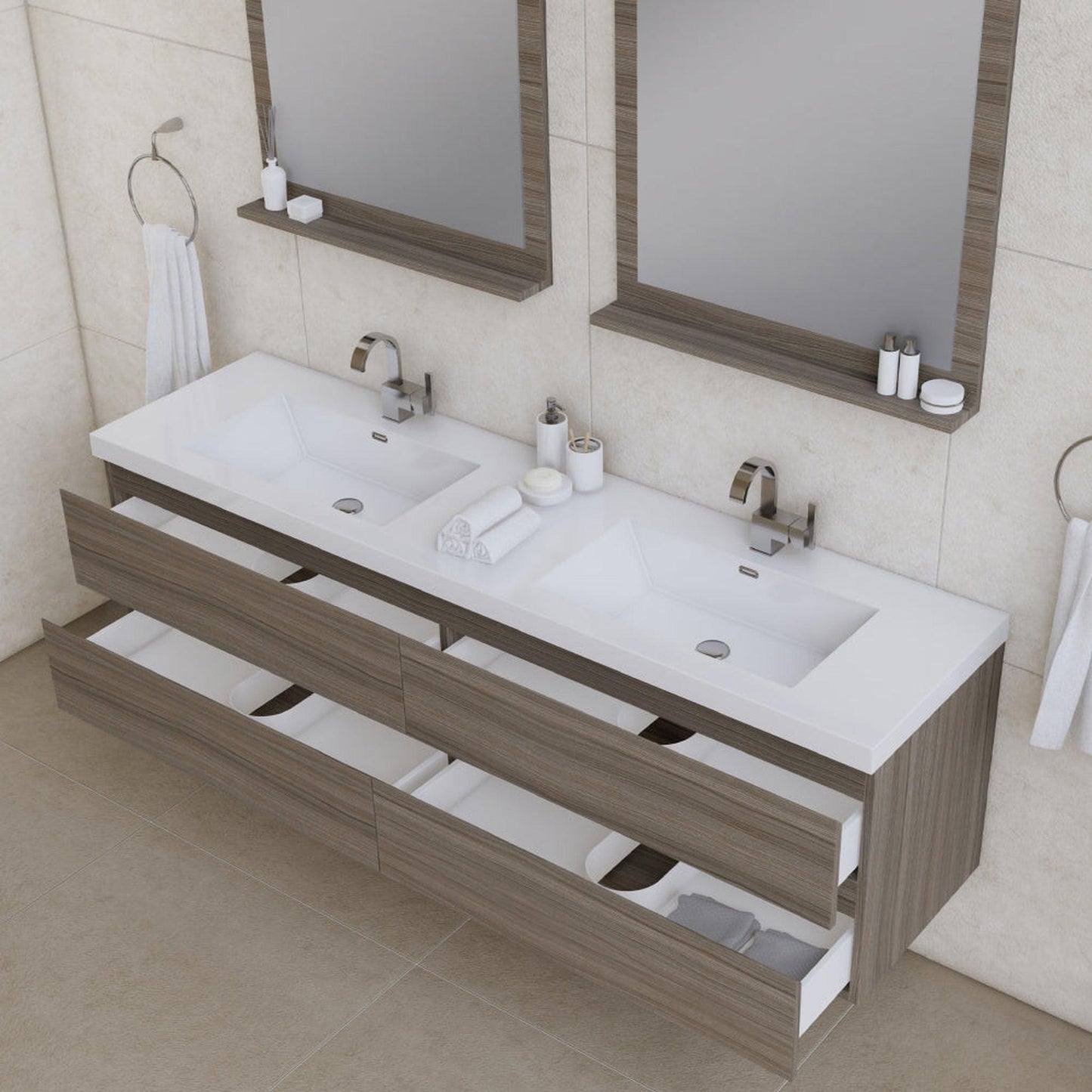 Alya Bath Paterno 72" Double Gray Modern Wall Mounted Bathroom Vanity With Acrylic Top and Integrated Sink