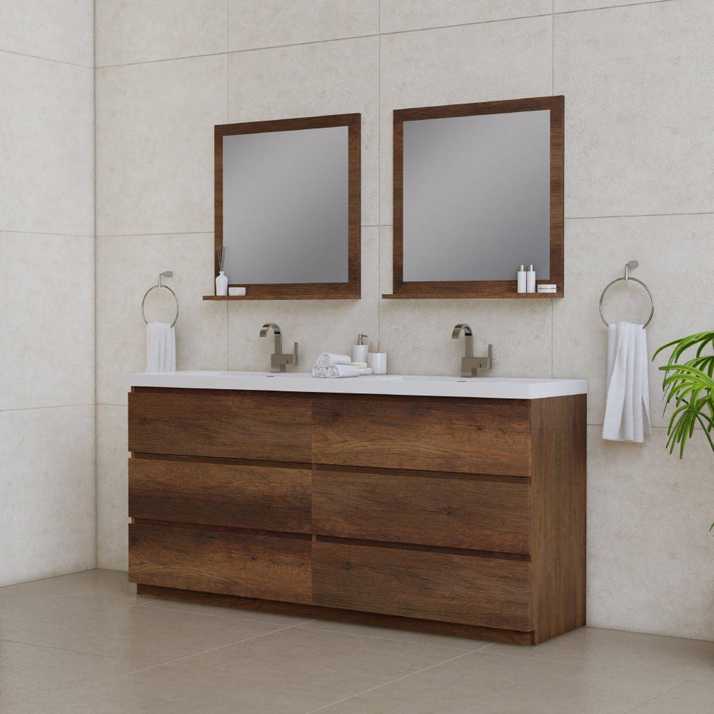 Alya Bath Paterno 72" Double Rosewood Modern Freestanding Bathroom Vanity With Acrylic Top and Integrated Sink