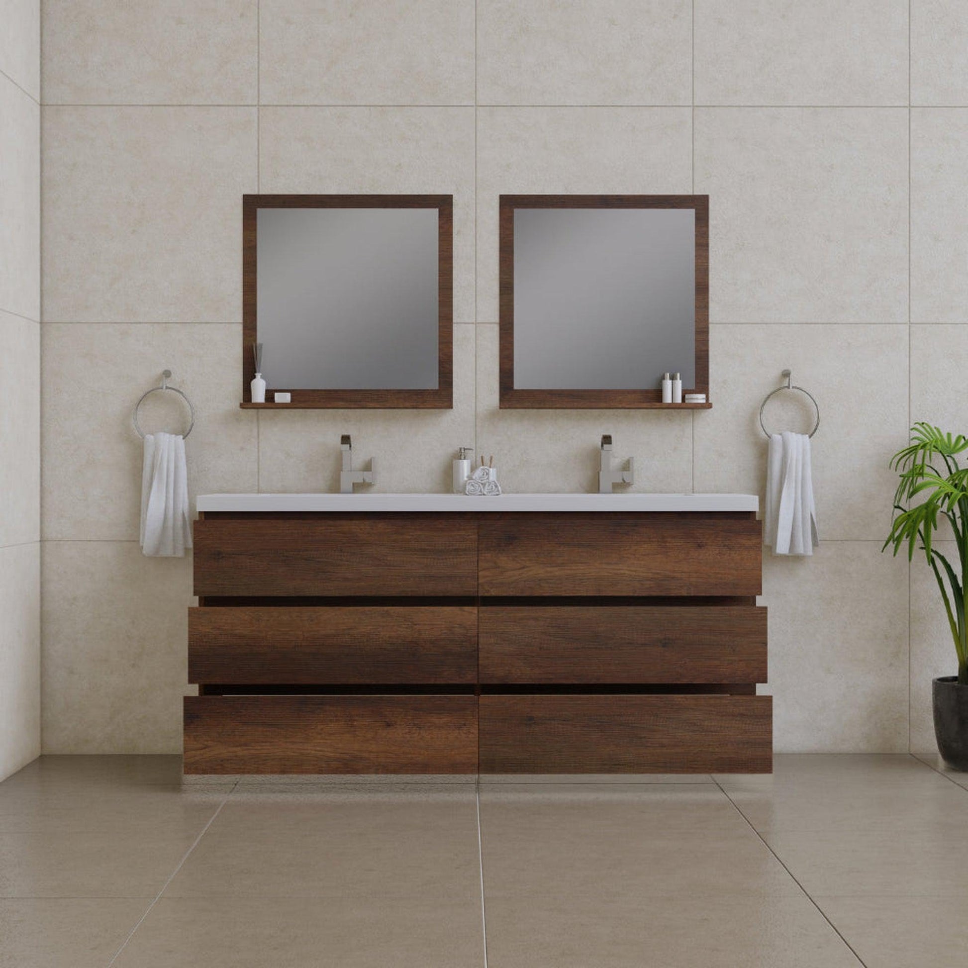 Alya Bath Paterno 72" Double Rosewood Modern Freestanding Bathroom Vanity With Acrylic Top and Integrated Sink