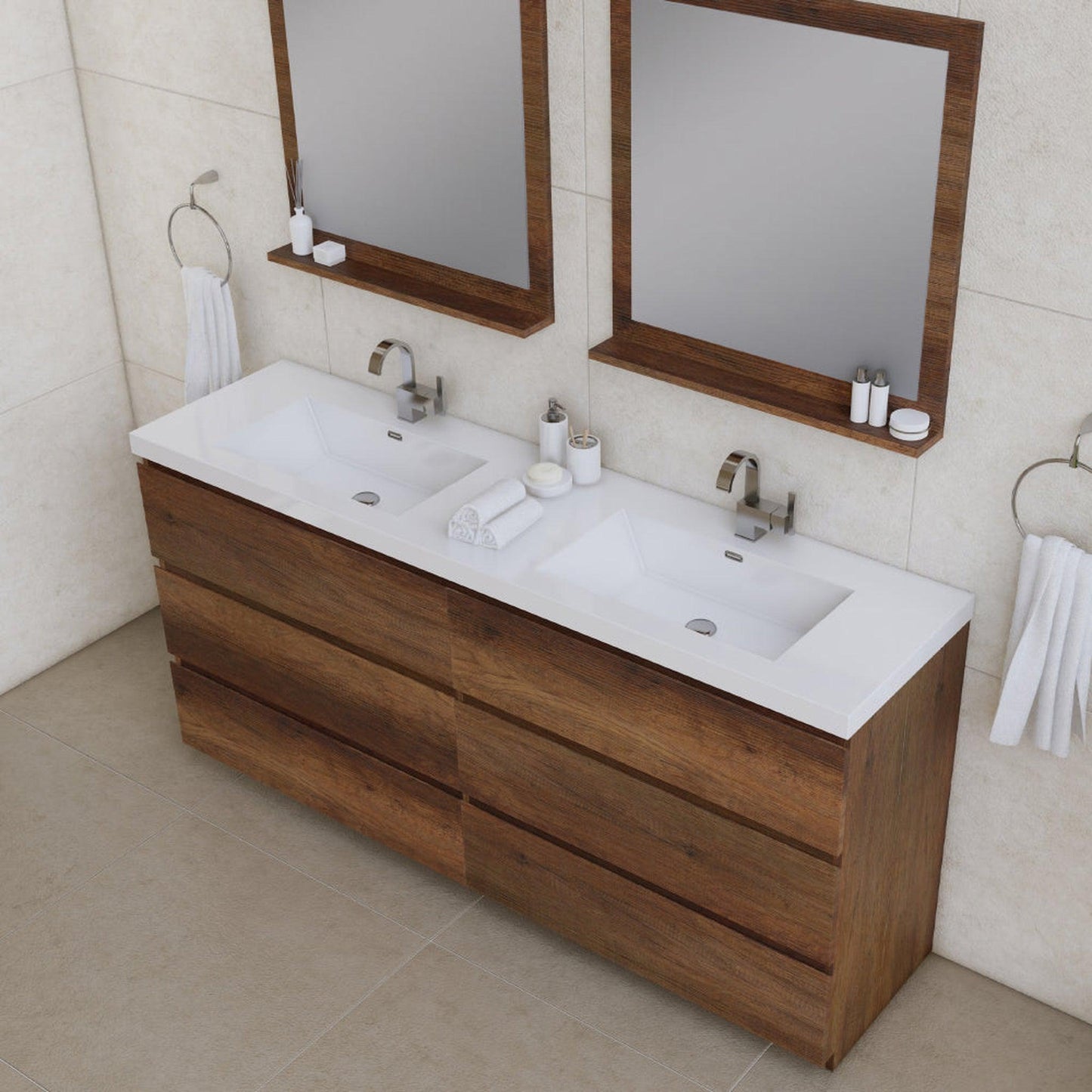 Alya Bath Paterno 72" Double Rosewood Modern Freestanding Bathroom Vanity With Acrylic Top and Integrated Sink