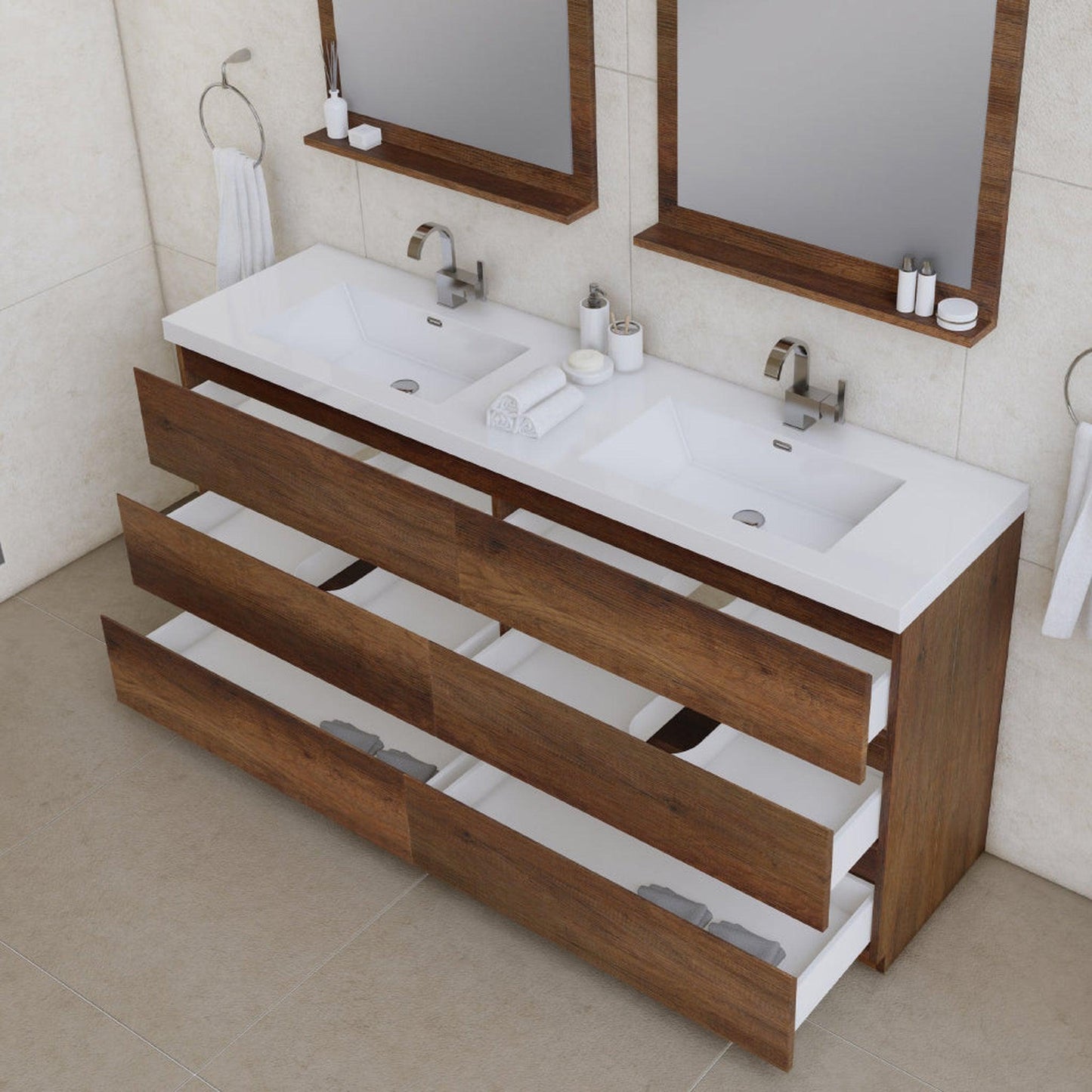 Alya Bath Paterno 72" Double Rosewood Modern Freestanding Bathroom Vanity With Acrylic Top and Integrated Sink