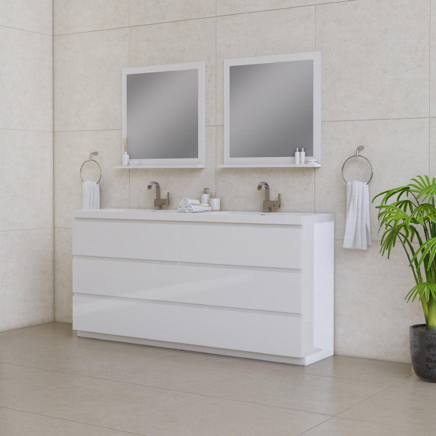 Alya Bath Paterno 72" Double White Modern Freestanding Bathroom Vanity With Acrylic Top and Integrated Sink