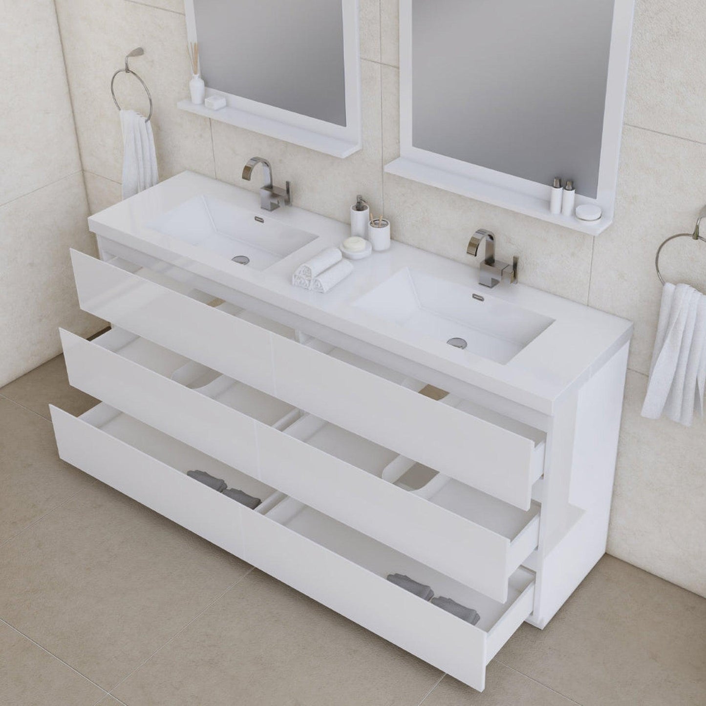 Alya Bath Paterno 72" Double White Modern Freestanding Bathroom Vanity With Acrylic Top and Integrated Sink