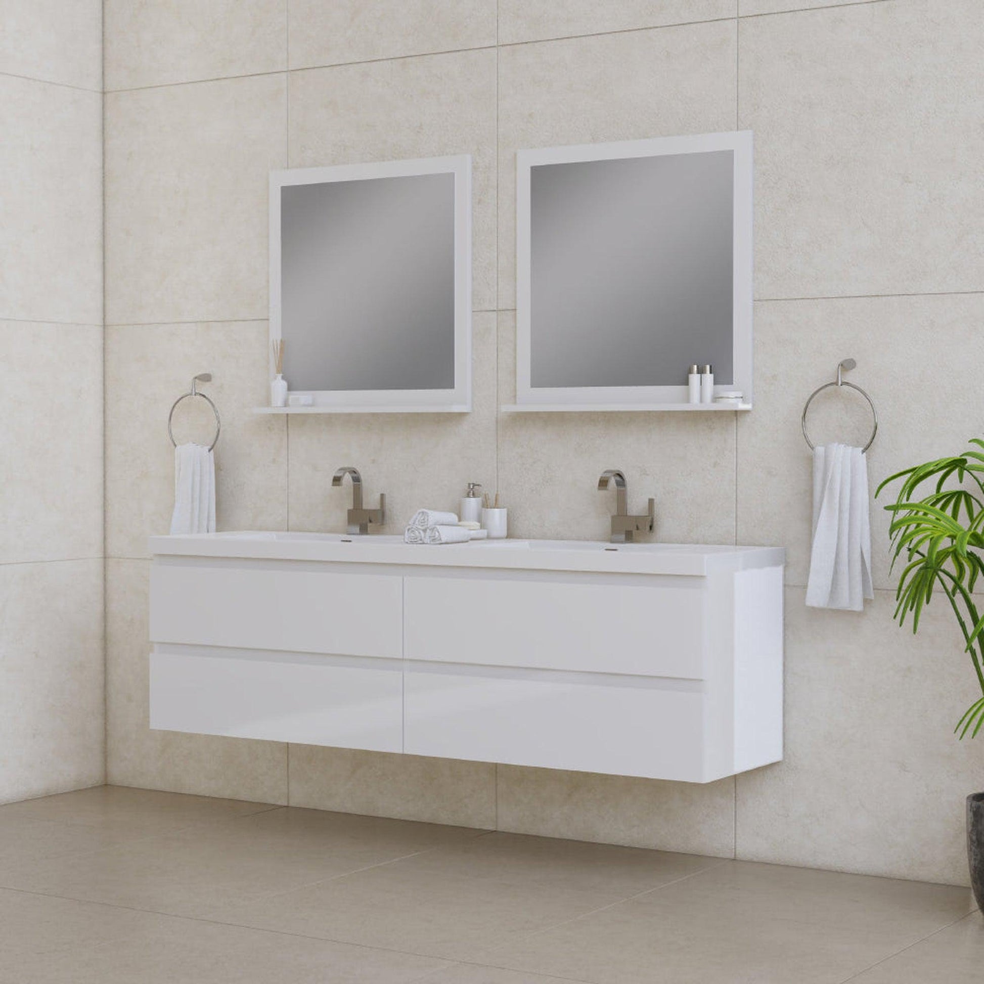 Alya Bath Paterno 72" Double White Modern Wall Mounted Bathroom Vanity With Acrylic Top and Integrated Sink