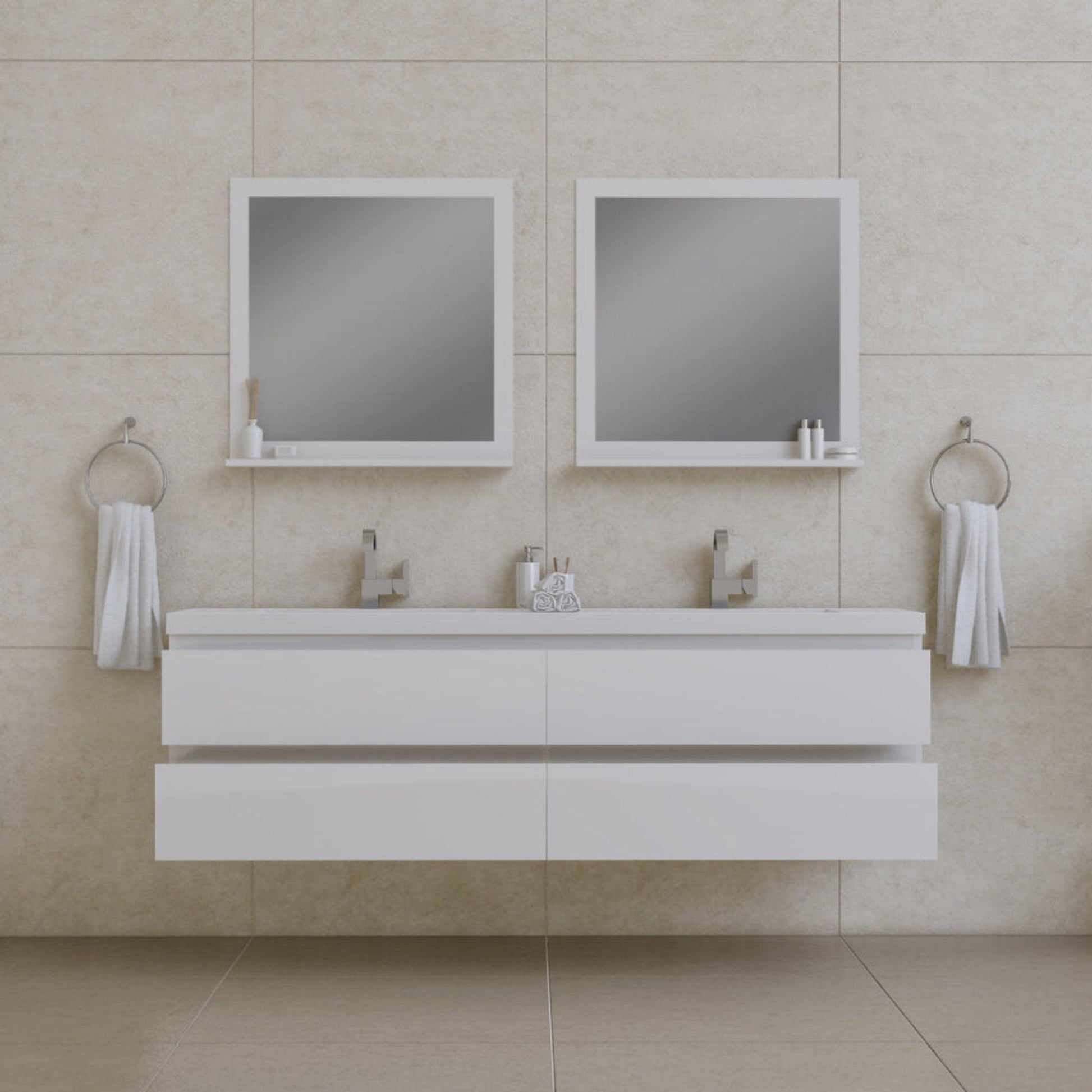 Alya Bath Paterno 72" Double White Modern Wall Mounted Bathroom Vanity With Acrylic Top and Integrated Sink