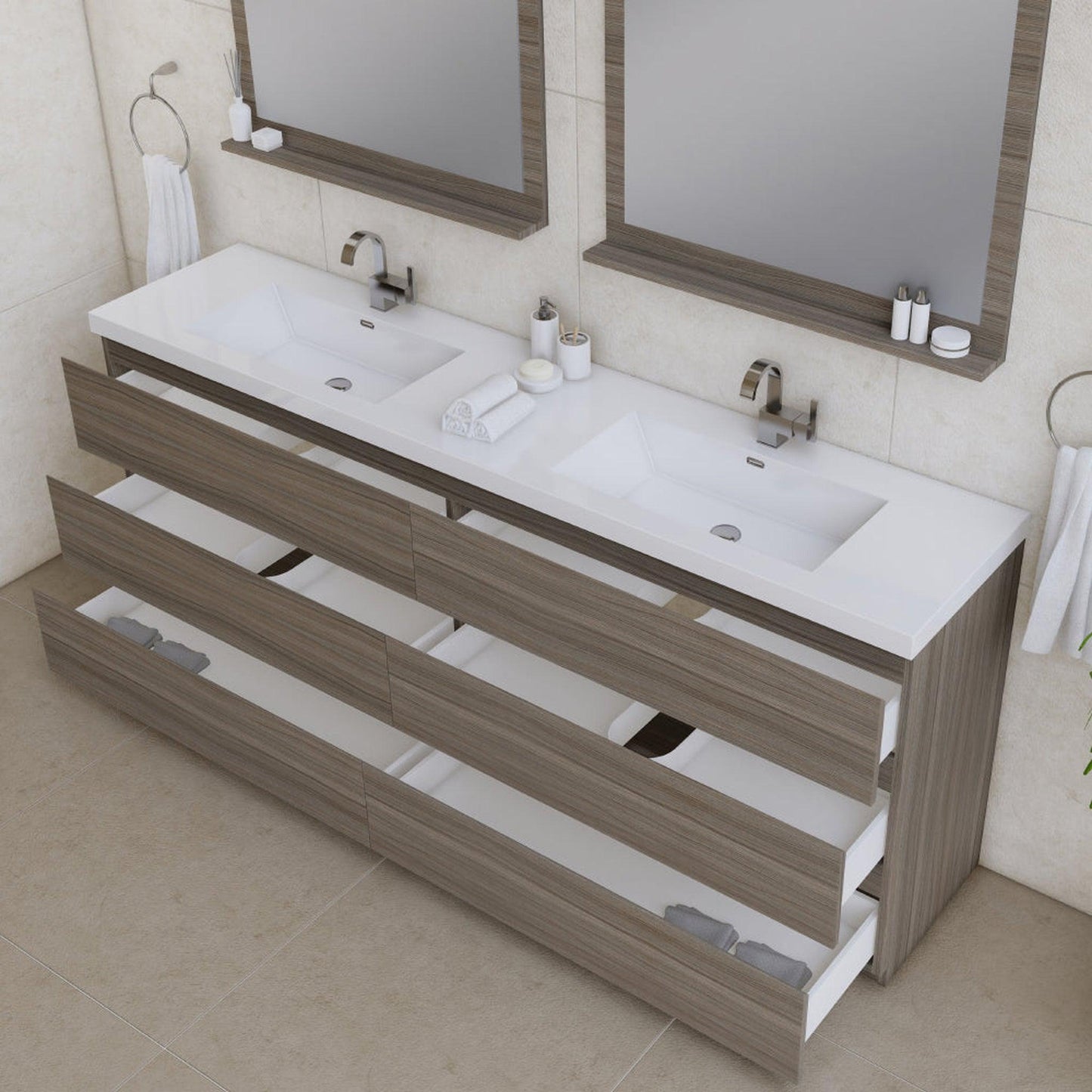 Alya Bath Paterno 84" Double Gray Modern Freestanding Bathroom Vanity With Acrylic Top and Integrated Sink