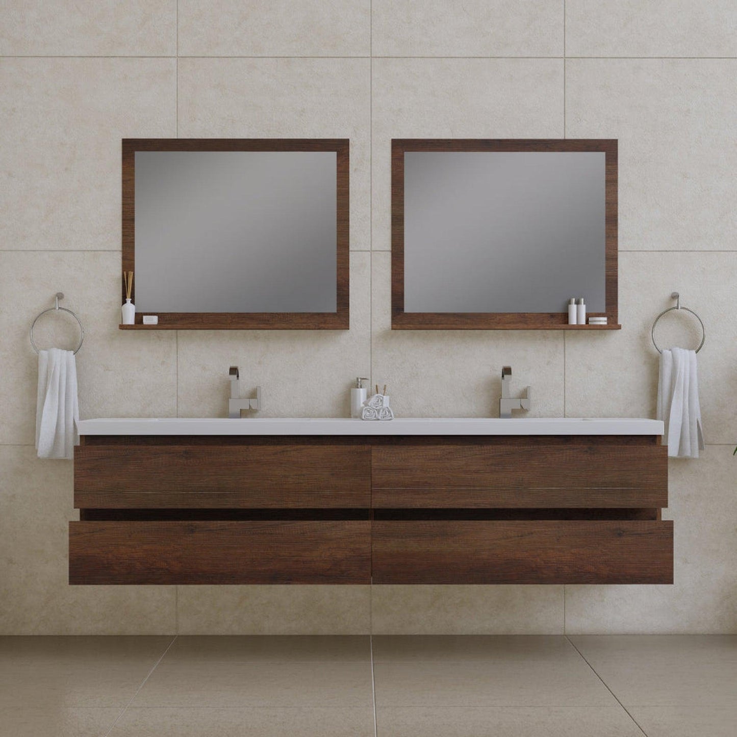 Alya Bath Paterno 84" Double Rosewood Modern Wall Mounted Bathroom Vanity With Acrylic Top and Integrated Sink