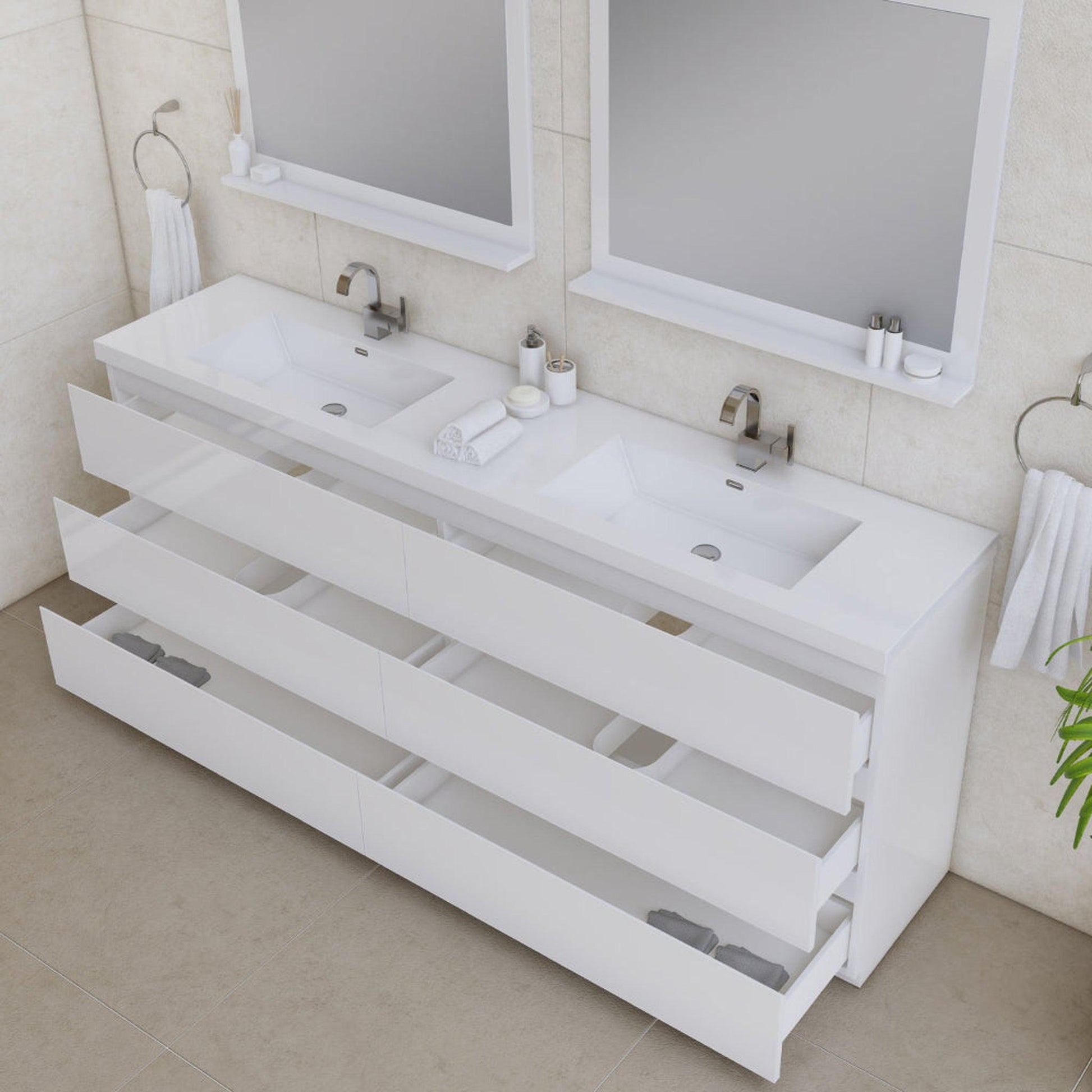 Alya Bath Paterno 84" Double White Modern Freestanding Bathroom Vanity With Acrylic Top and Integrated Sink