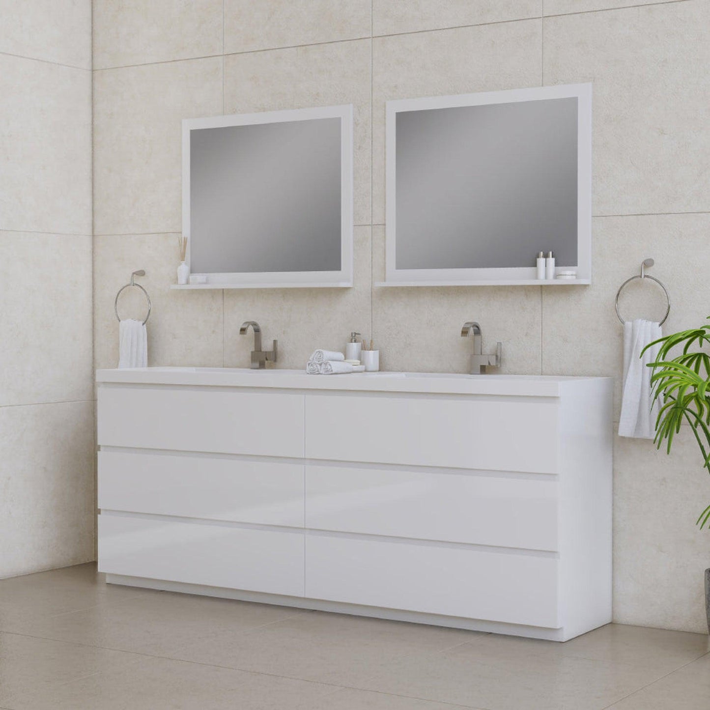 Alya Bath Paterno 84" Double White Modern Freestanding Bathroom Vanity With Acrylic Top and Integrated Sink