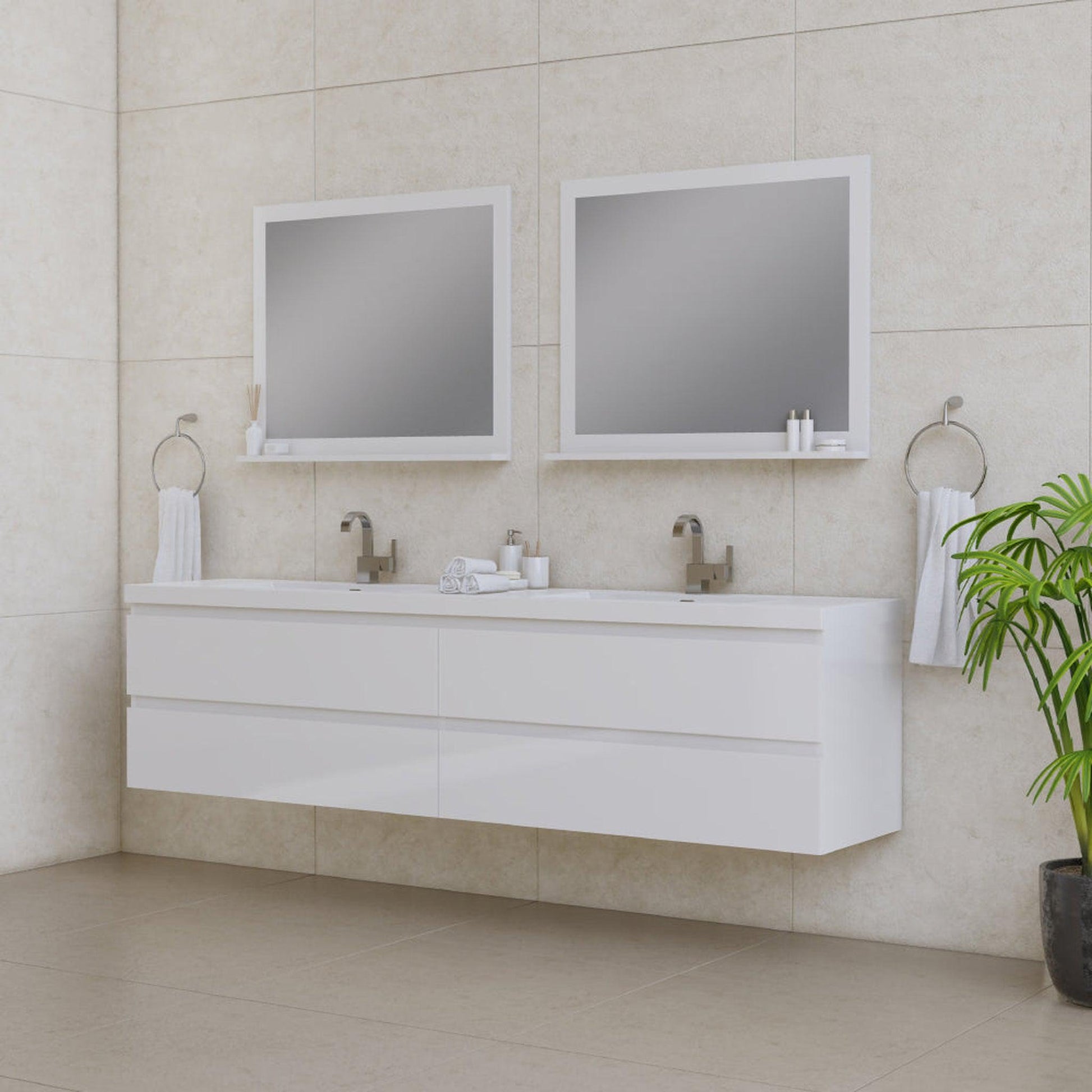 Alya Bath Paterno 84" Double White Modern Wall Mounted Bathroom Vanity With Acrylic Top and Integrated Sink