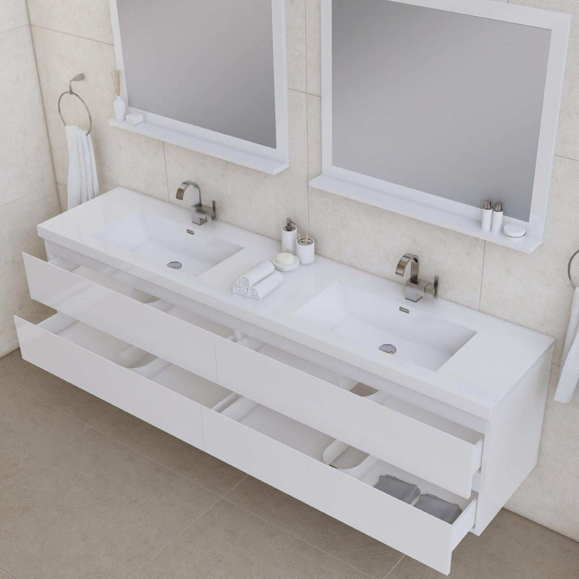Alya Bath Paterno 84" Double White Modern Wall Mounted Bathroom Vanity With Acrylic Top and Integrated Sink