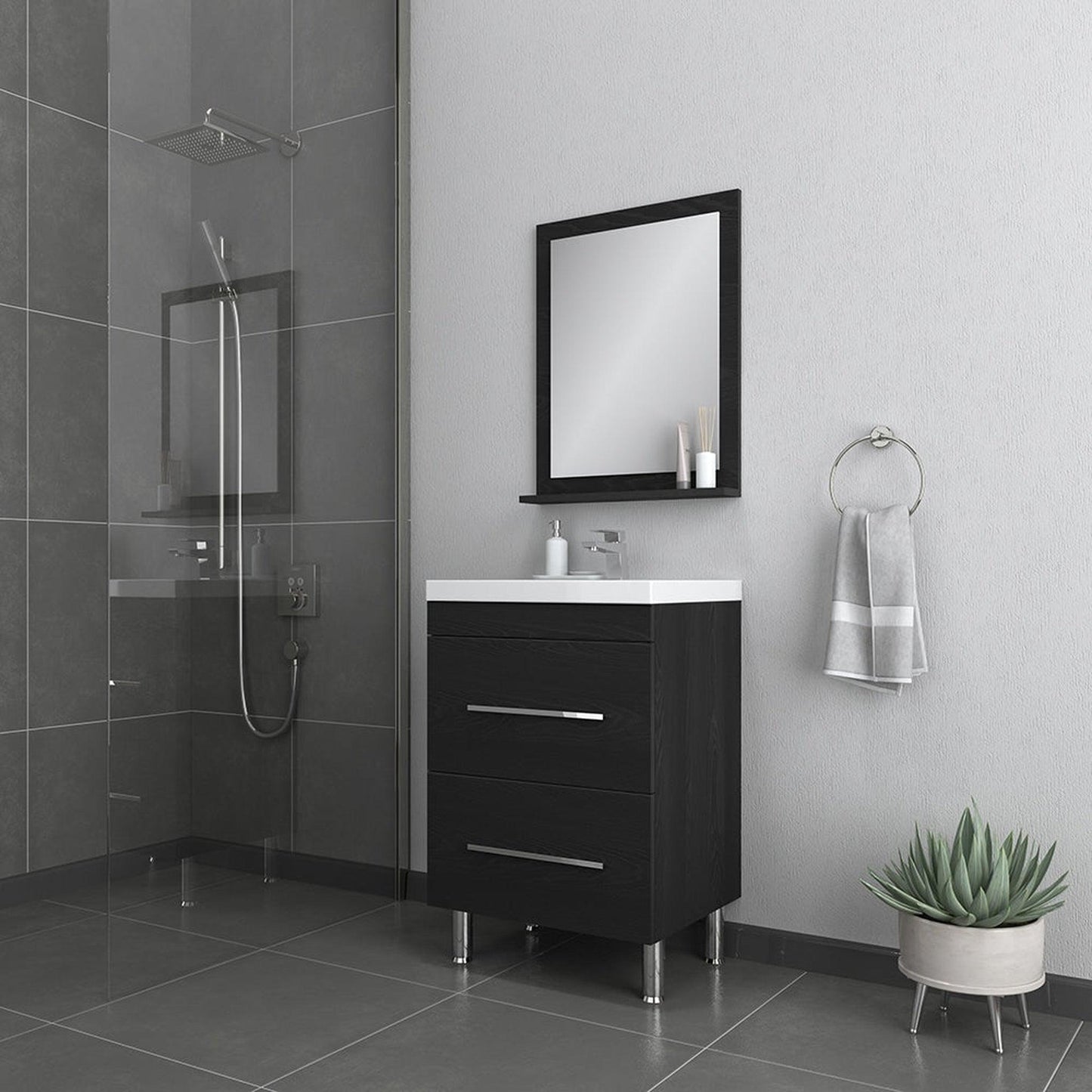 Alya Bath Ripley 24" Single Black Modern Freestanding Bathroom Vanity With Integrated Acrylic Top, Acrylic Sink and Wall Mounted Mirror
