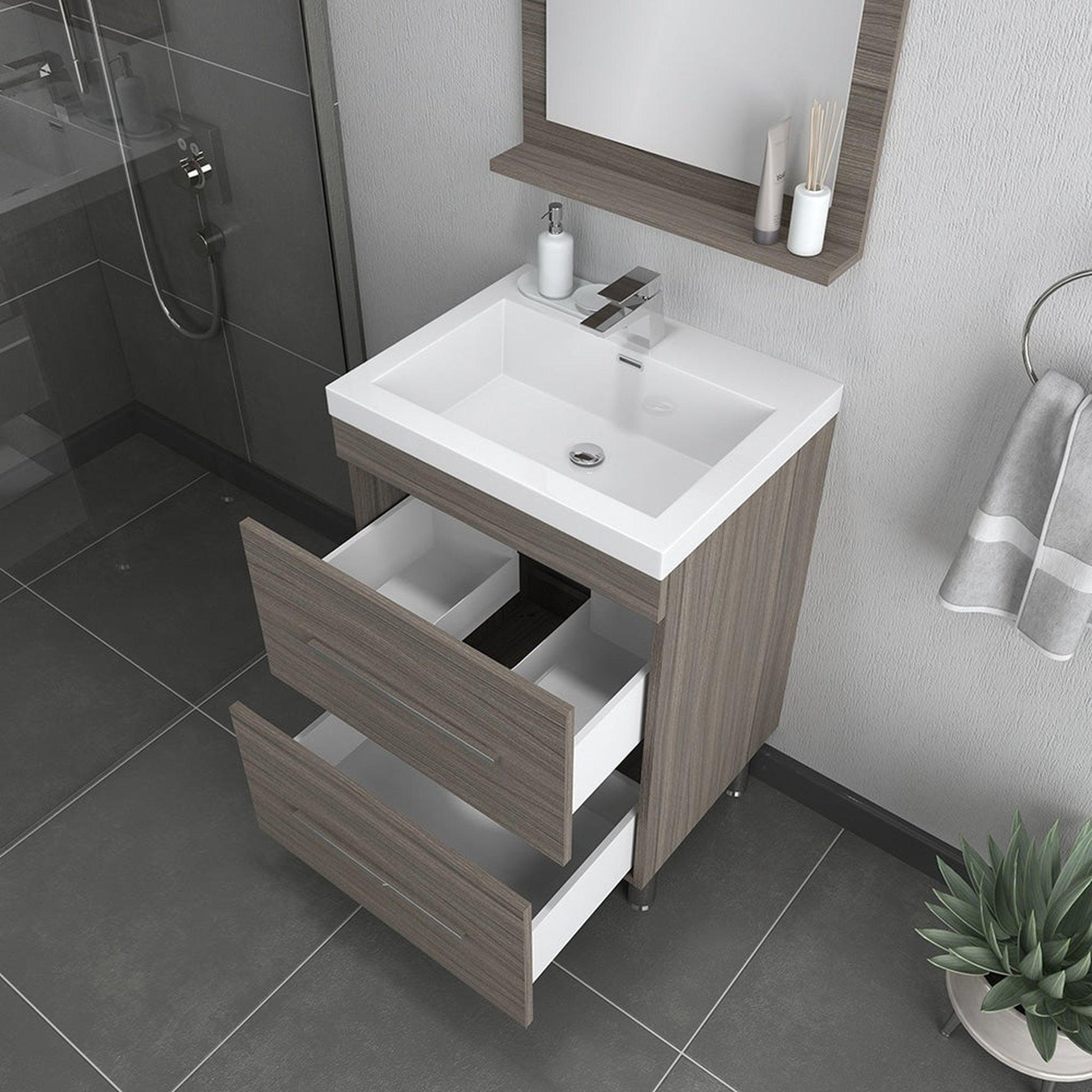 Alya Bath Ripley 24" Single Gray Modern Freestanding Bathroom Vanity With Integrated Acrylic Top, Acrylic Sink and Wall Mounted Mirror