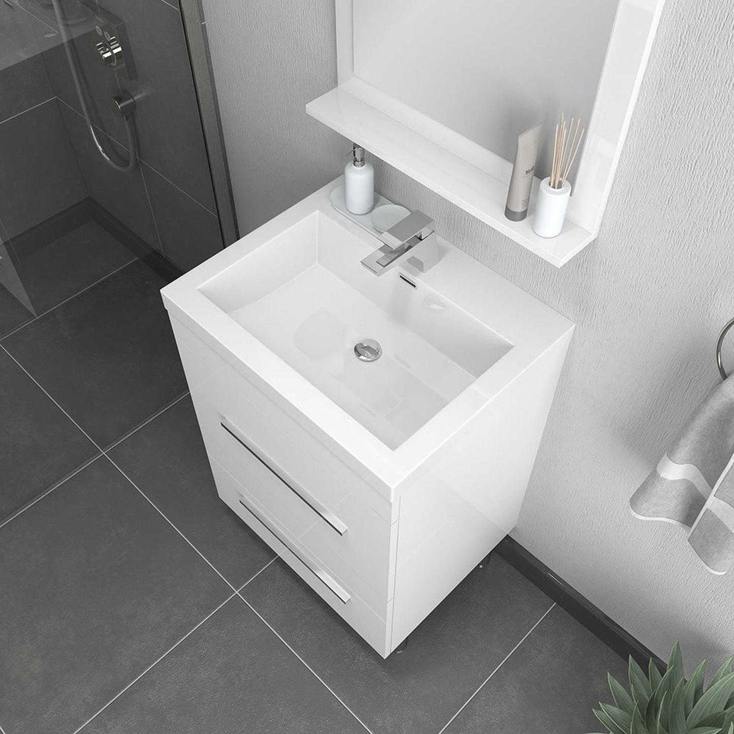 Alya Bath Ripley 24" Single White Modern Freestanding Single Bathroom Vanity With Integrated Acrylic Top, Acrylic Sink and Wall Mounted Mirror