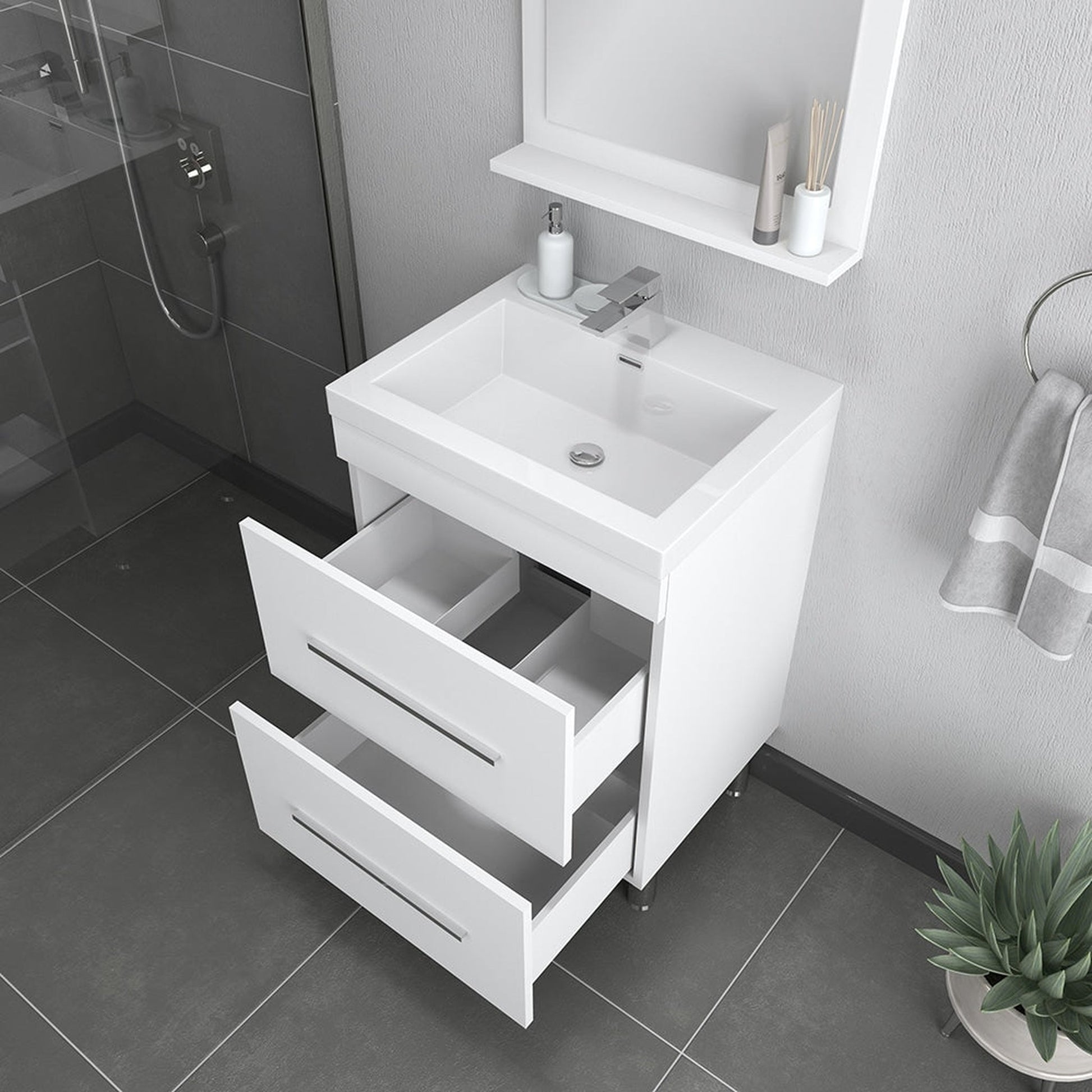 Alya Bath Ripley 24" Single White Modern Freestanding Single Bathroom Vanity With Integrated Acrylic Top, Acrylic Sink and Wall Mounted Mirror