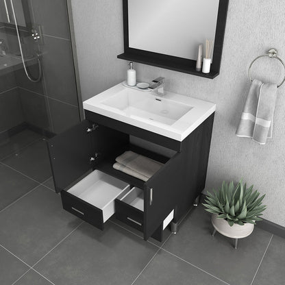 Alya Bath Ripley 30" Single Black Modern Freestanding Bathroom Vanity With Integrated Acrylic Top, Acrylic Sink and Wall Mounted Mirror