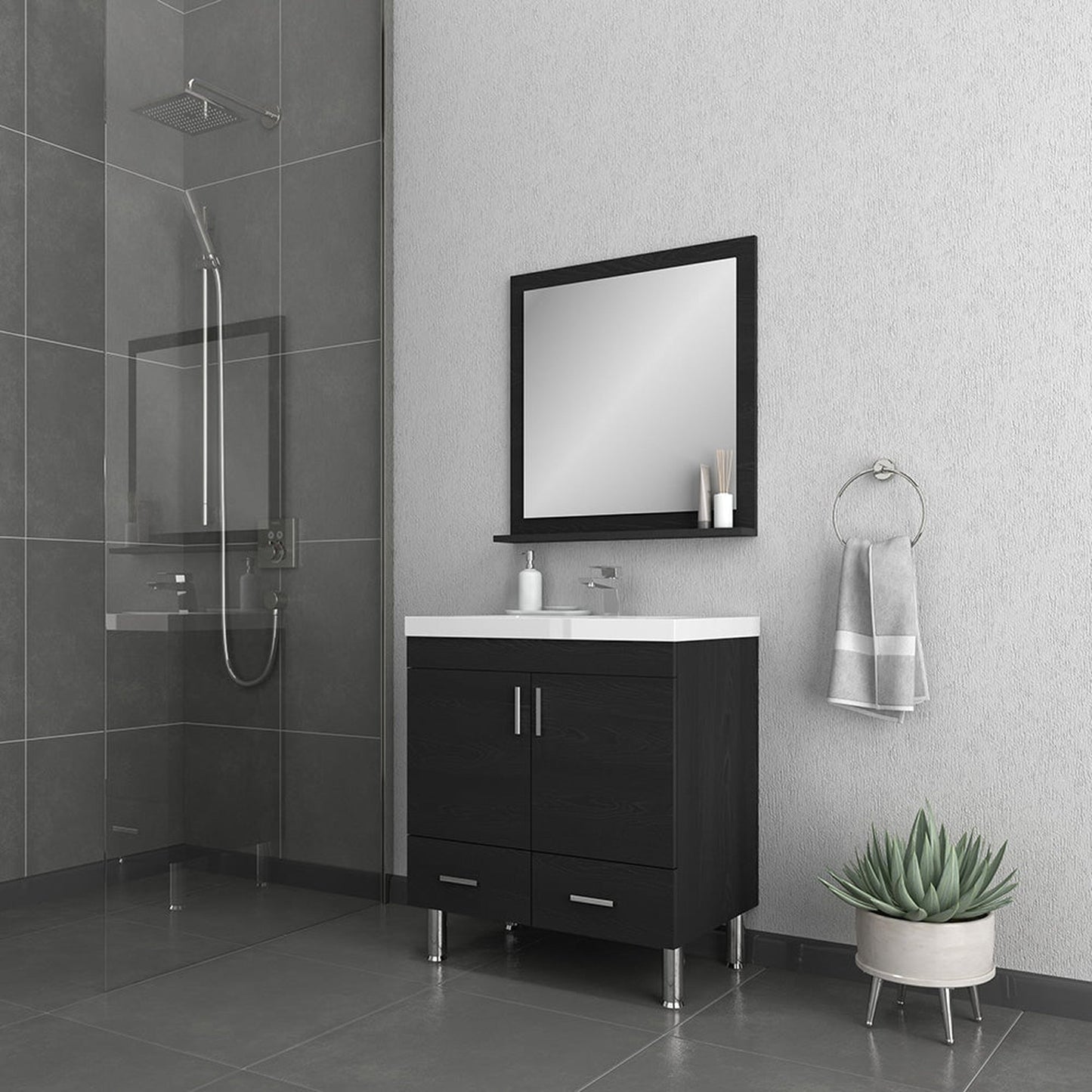 Alya Bath Ripley 30" Single Black Modern Freestanding Bathroom Vanity With Integrated Acrylic Top, Acrylic Sink and Wall Mounted Mirror