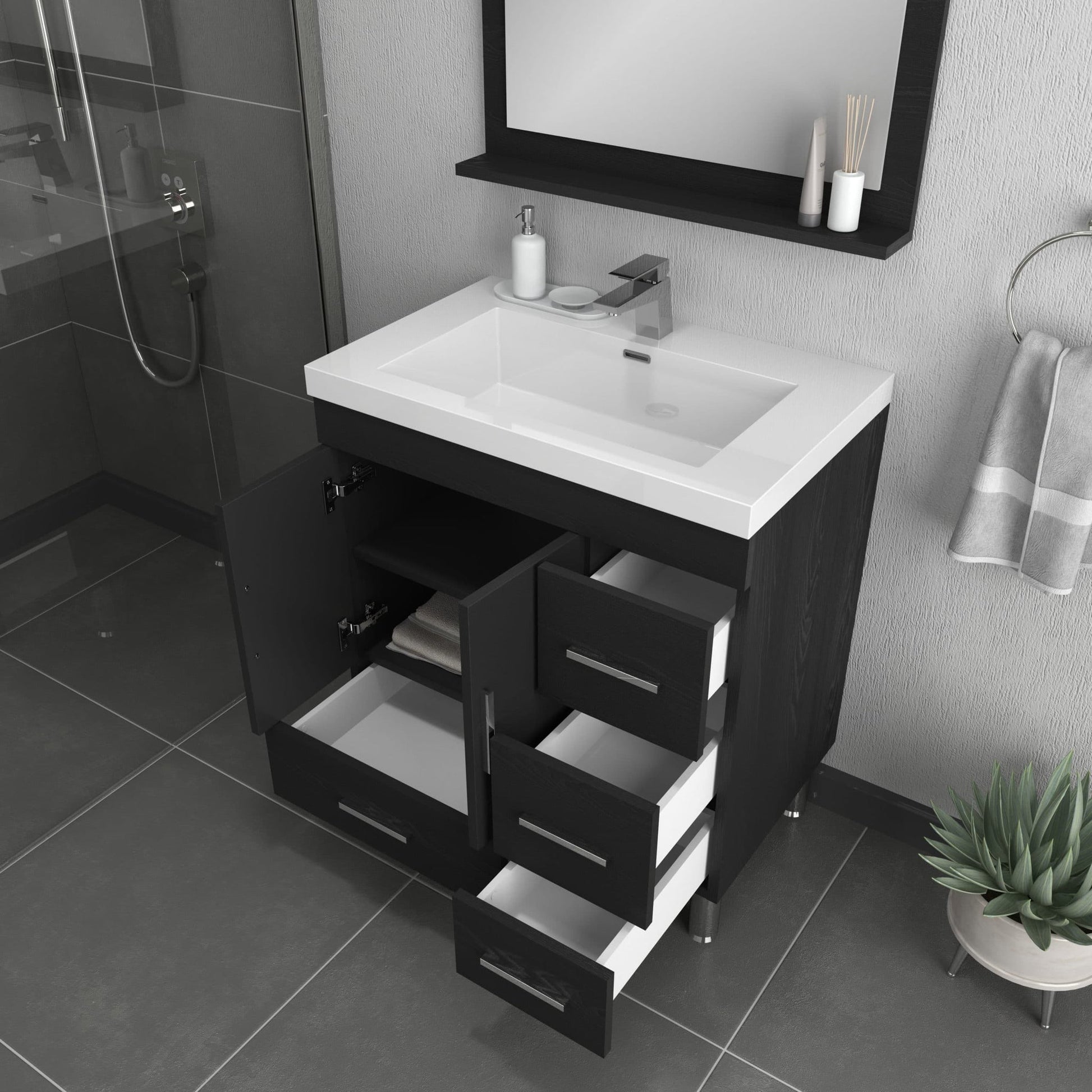 Alya Bath Ripley 30" Single Black Modern Freestanding Bathroom Vanity With drawers, Integrated Acrylic Top, Acrylic Sink and Wall Mounted Mirror