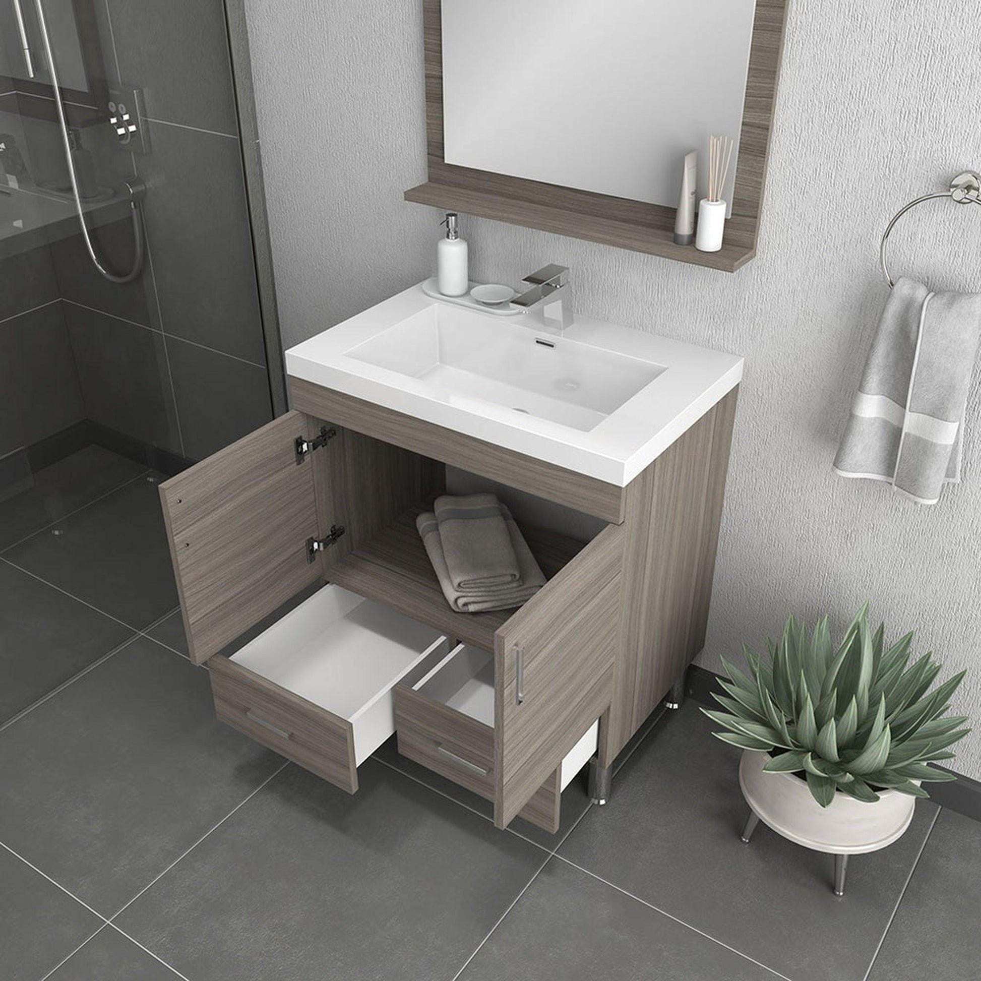 Alya Bath Ripley 30" Single Gray Modern Freestanding Bathroom Vanity With Integrated Acrylic Top, Acrylic Sink and Wall Mounted Mirror