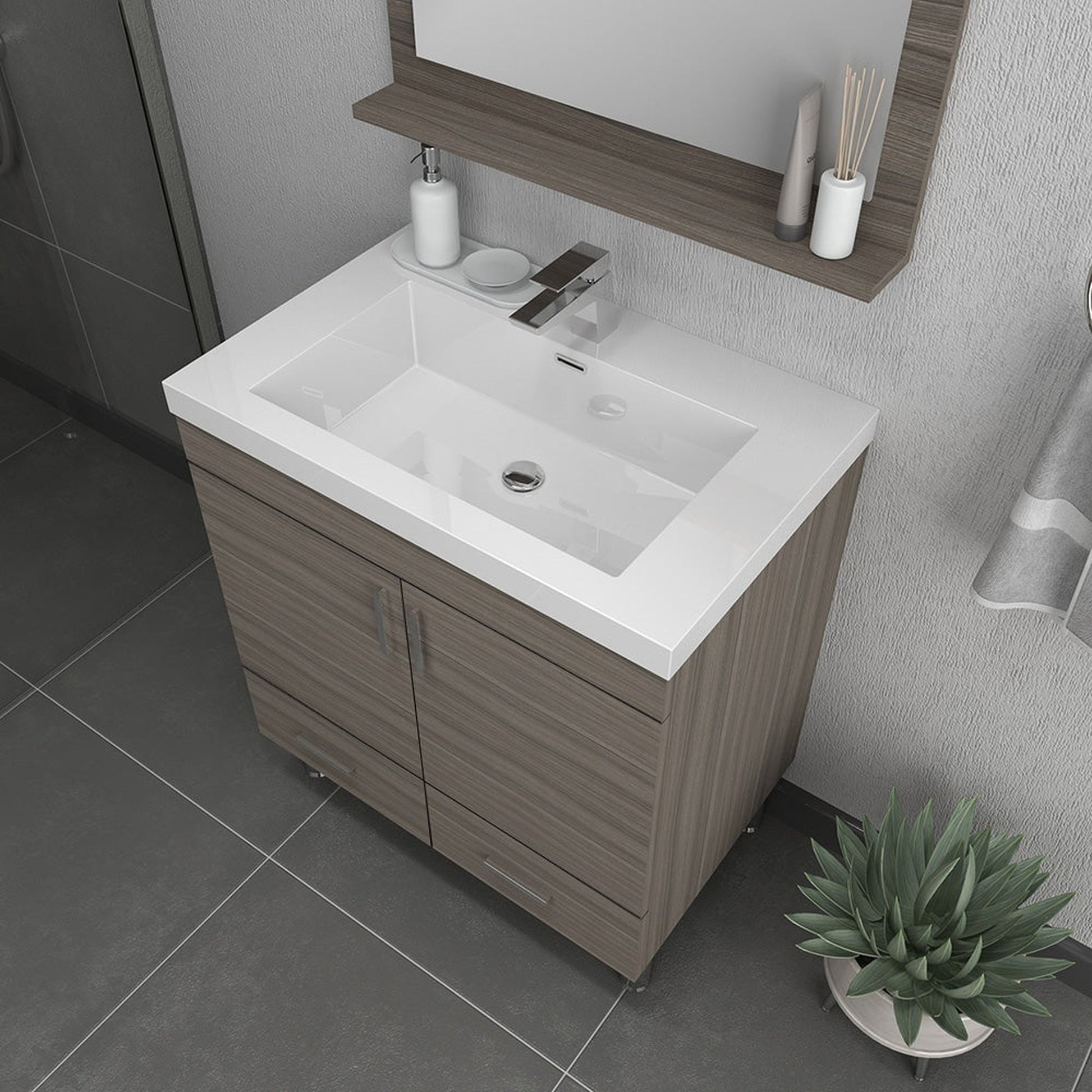 Alya Bath Ripley 30" Single Gray Modern Freestanding Bathroom Vanity With Integrated Acrylic Top, Acrylic Sink and Wall Mounted Mirror